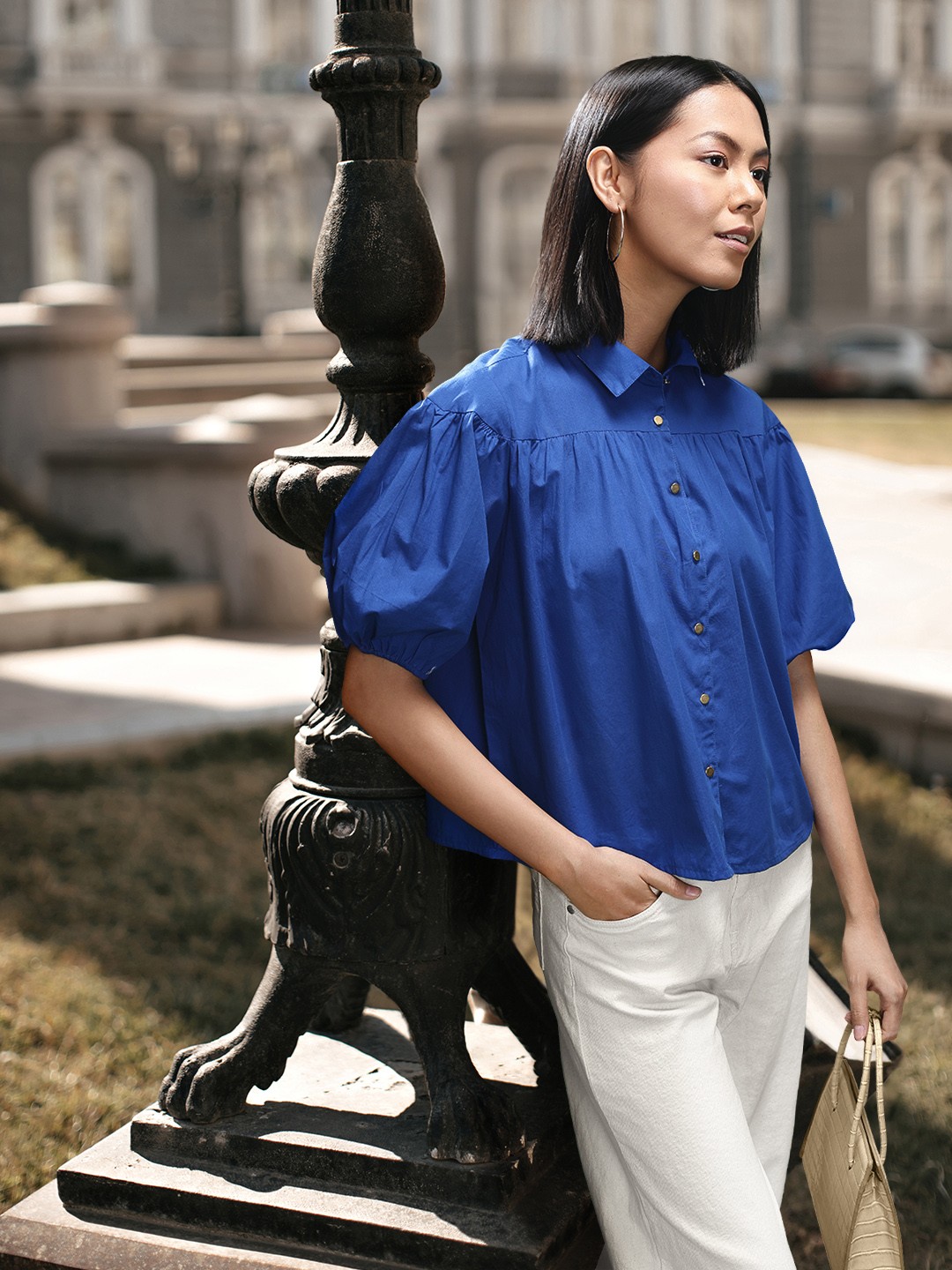 

all about you Gathered Puff Sleeve Pure Cotton Shirt, Blue
