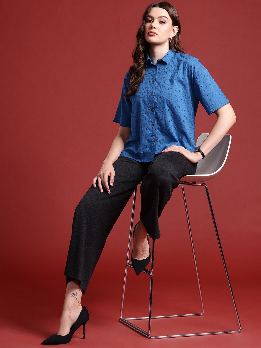 

all about you Schiffli Embroidered Opaque Casual Shirt, Blue