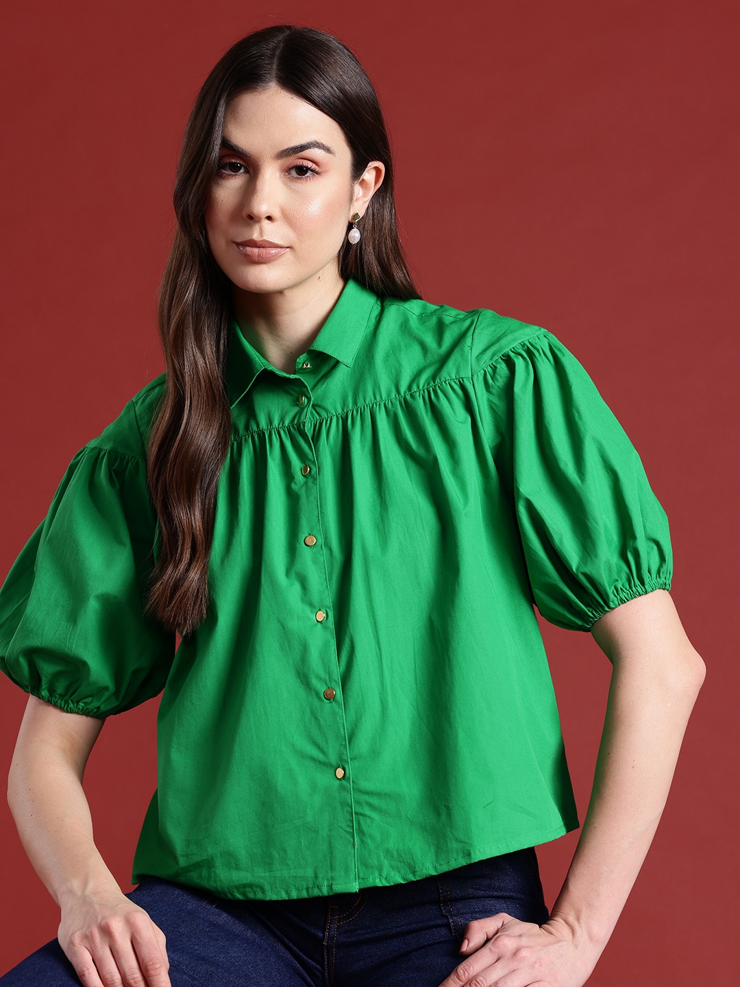 

all about you Gathered Puff Sleeve Pure Cotton Shirt, Green