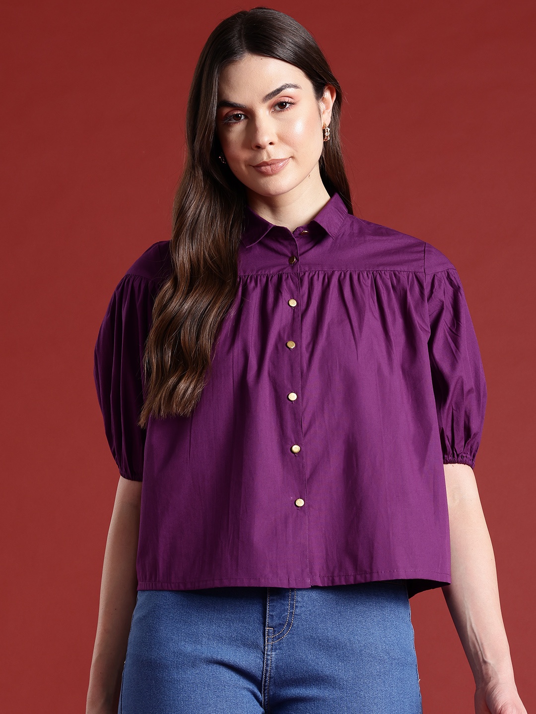 

all about you Gathered Puff Sleeve Pure Cotton Shirt, Purple