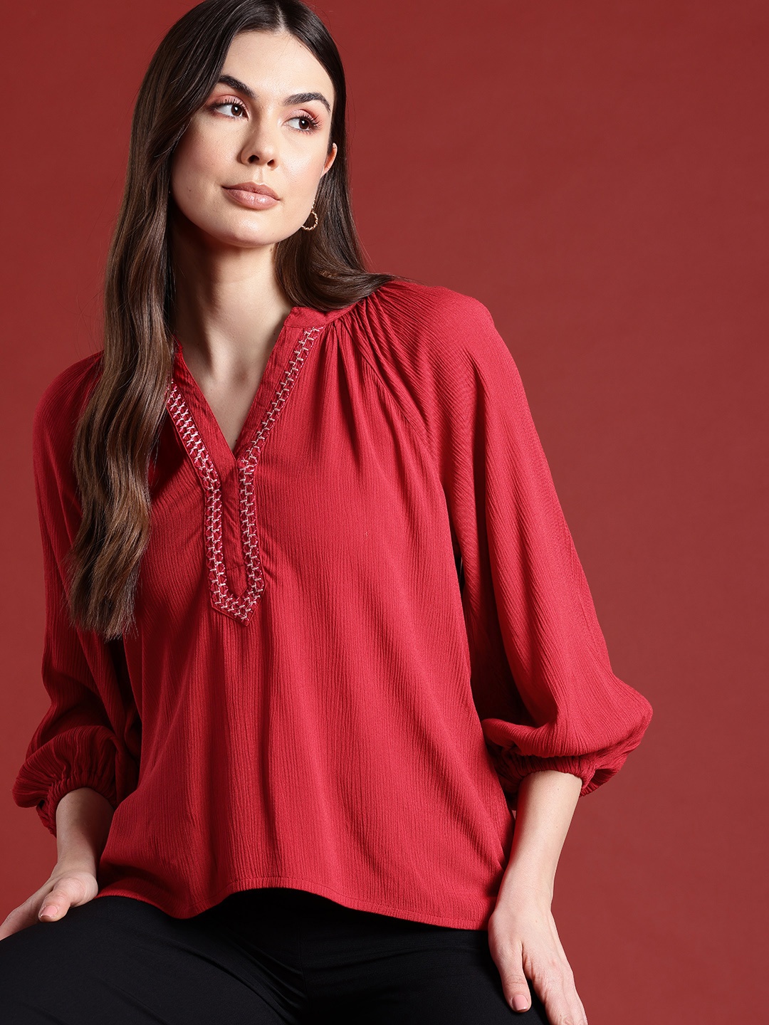

all about you Mandarin Collar Raglan Puffed Sleeves Embroidered Detail Top, Red
