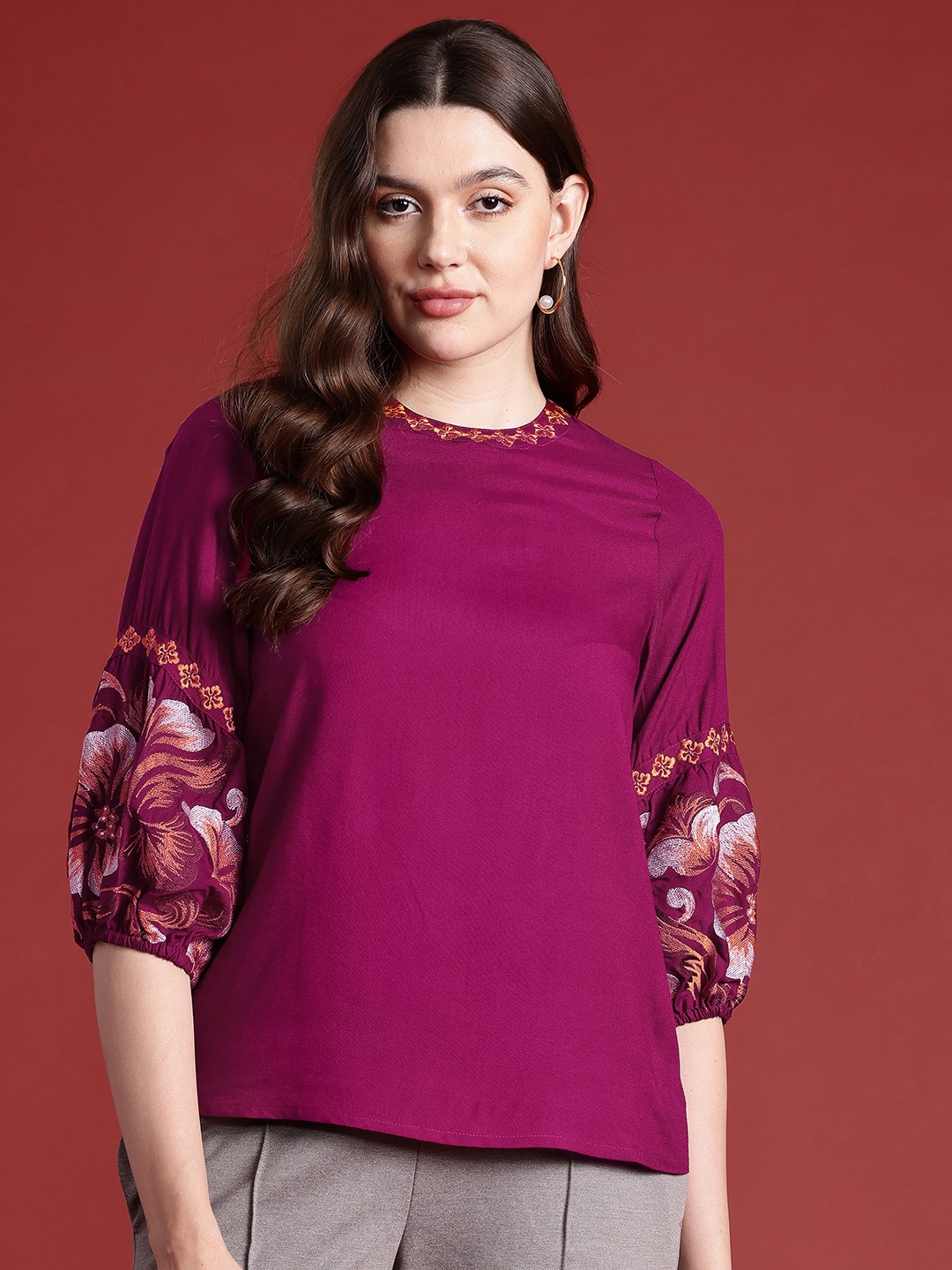 

all about you Embroidered Keyhole Neck Top, Magenta