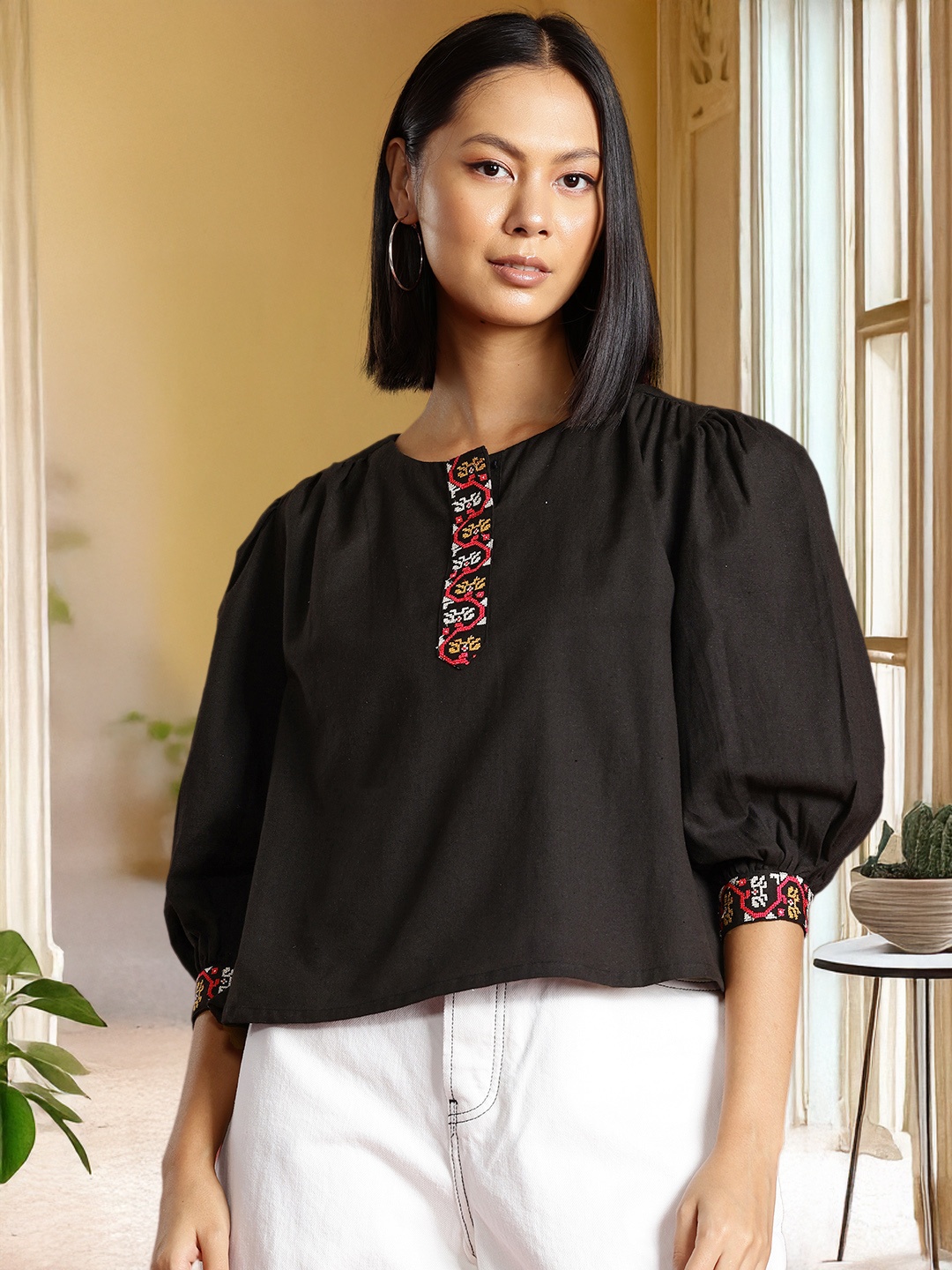 

all about you Puffy Sleeves Cotton Linen Top, Black
