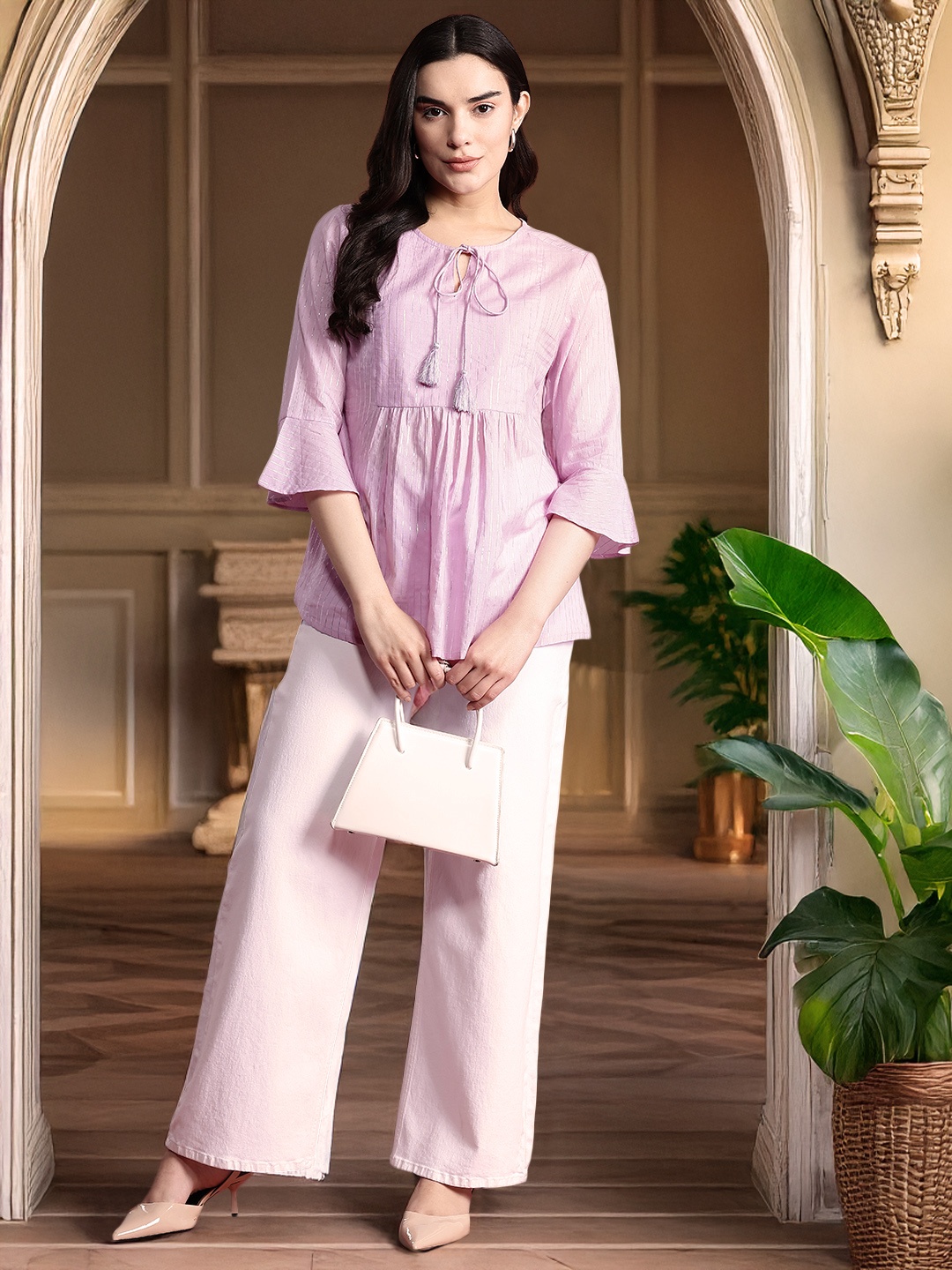 

all about you Striped Tie-Up Neck Bell Sleeves Top, Pink