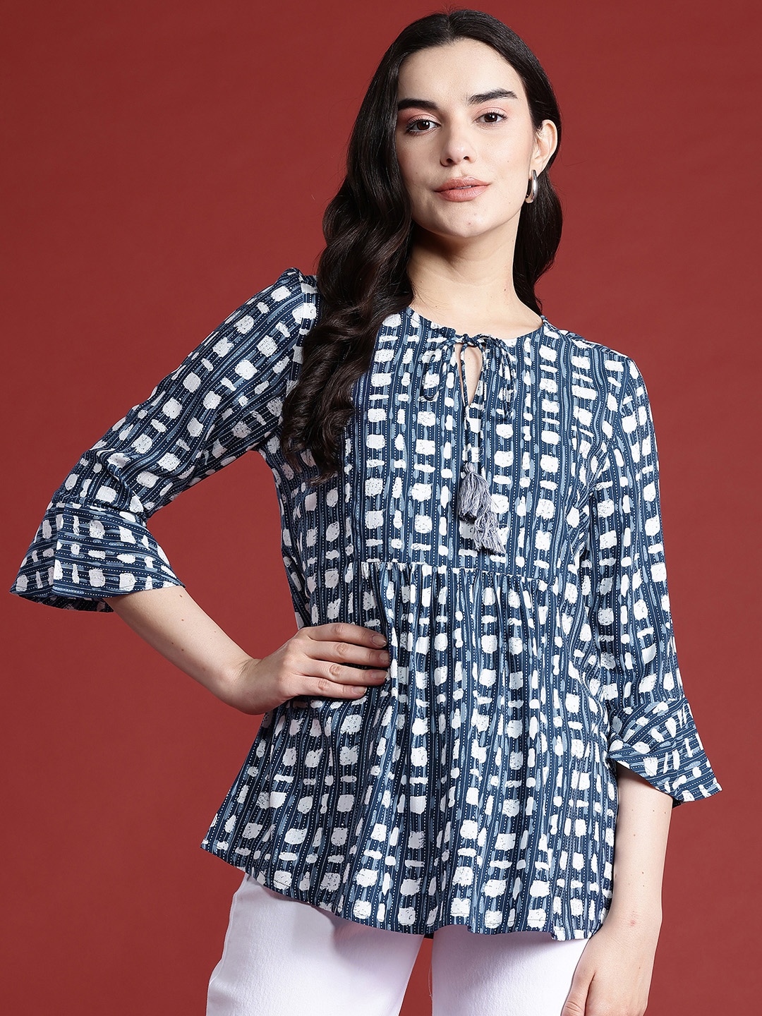 

all about you Checks Print Tie-Up Neck Bell Sleeves A-Line Top, Navy blue