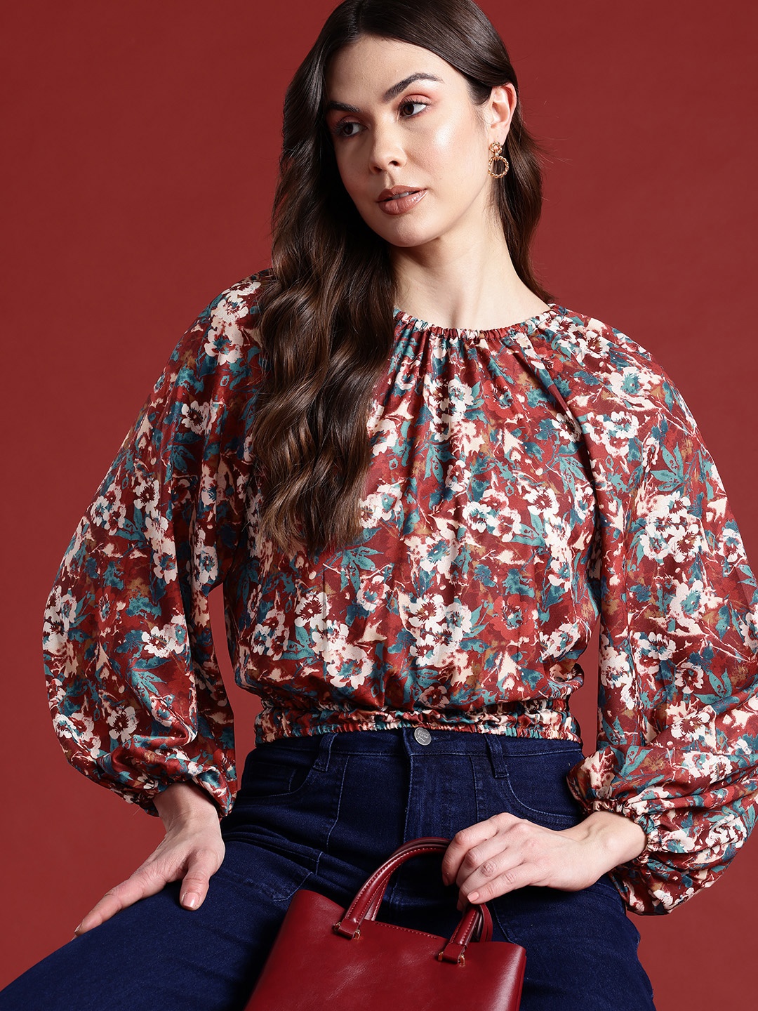 

all about you Floral Print Cinched Waist Raglan Puffed Sleeves Top, Maroon