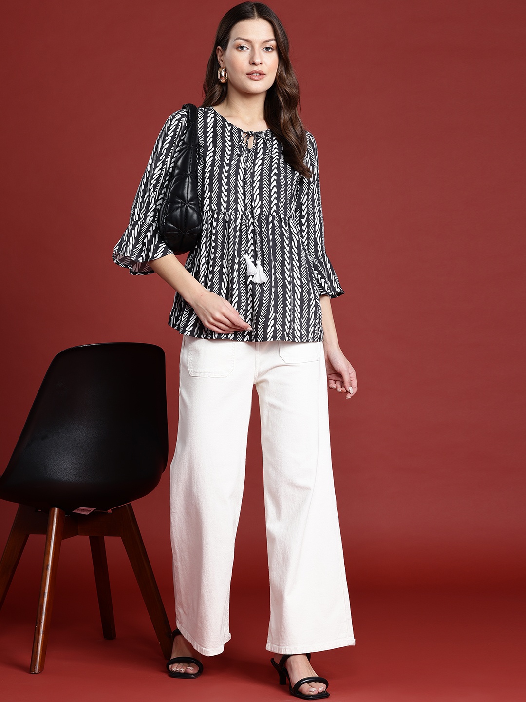 

Routes by All About You Geometric Print Tie-Up Neck Bell Sleeves Top, Black