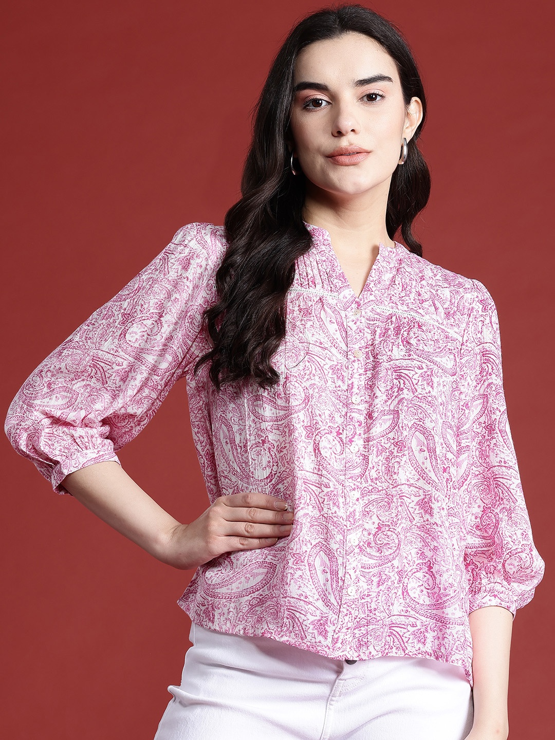 

all about you Ethnic Print Mandarin Collar Puff Sleeves Top, Pink