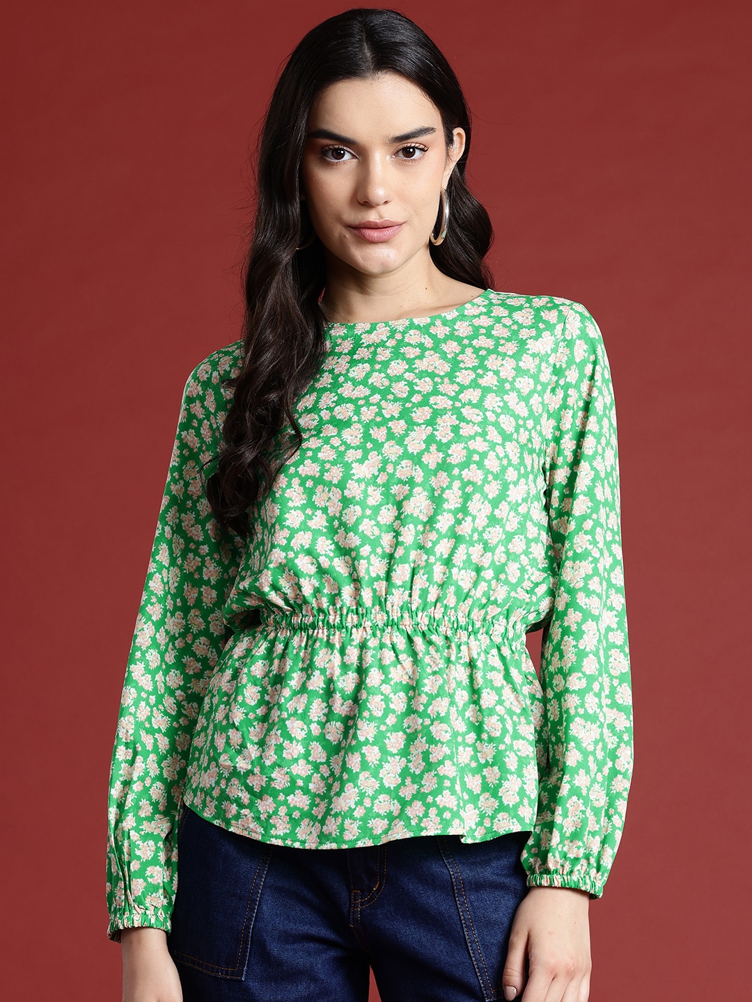 

all about you Floral Print Puff Sleeve Cinched Waist Top, Green