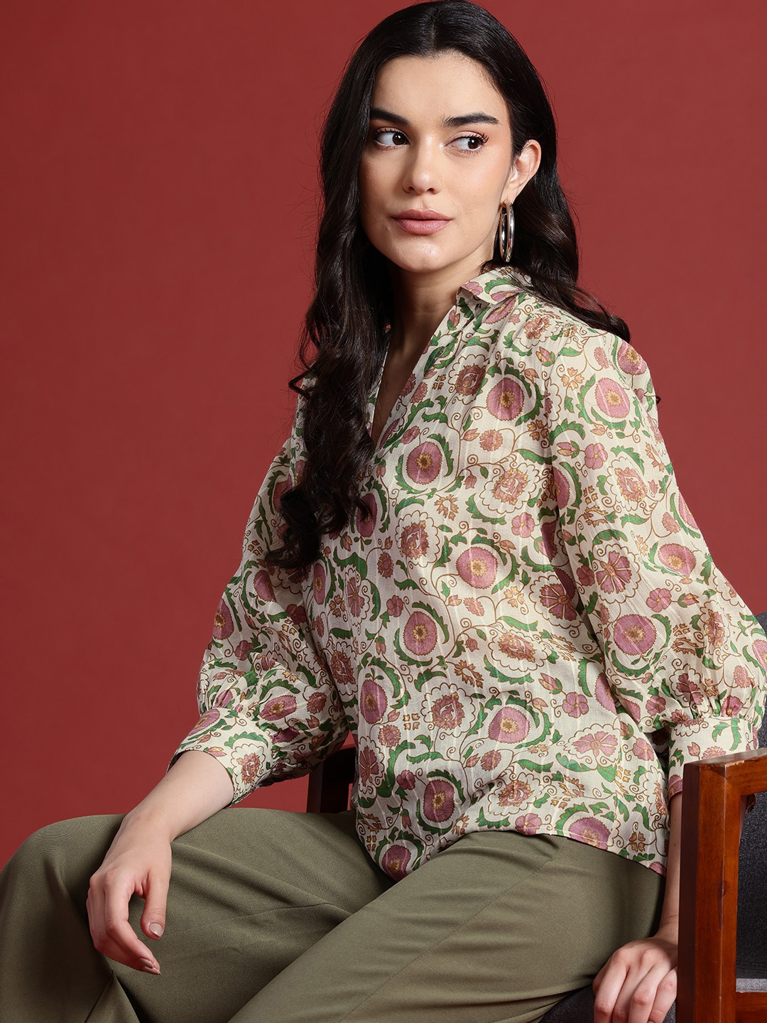 

all about you Floral Print Cotton Shirt Style Top, Cream