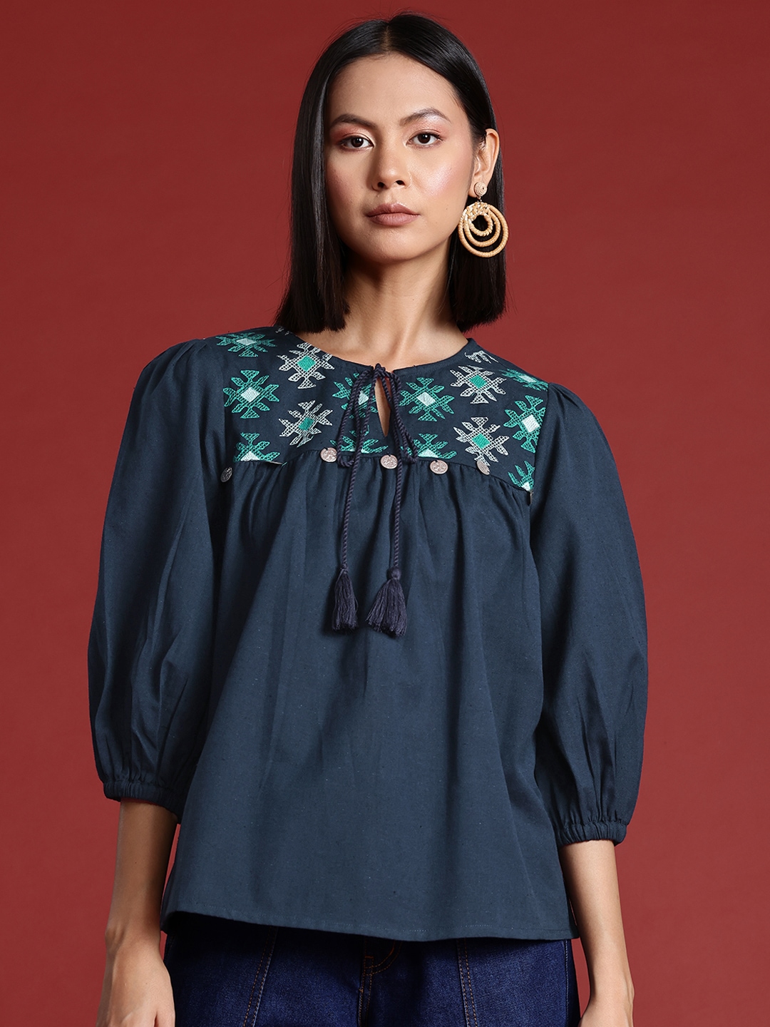 

all about you Embroidered Tie-Up Neck Cotton Linen Top, Teal