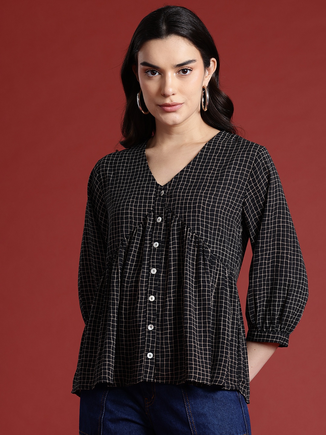 

all about you Checked Print Puff Sleeve Empire Top, Black