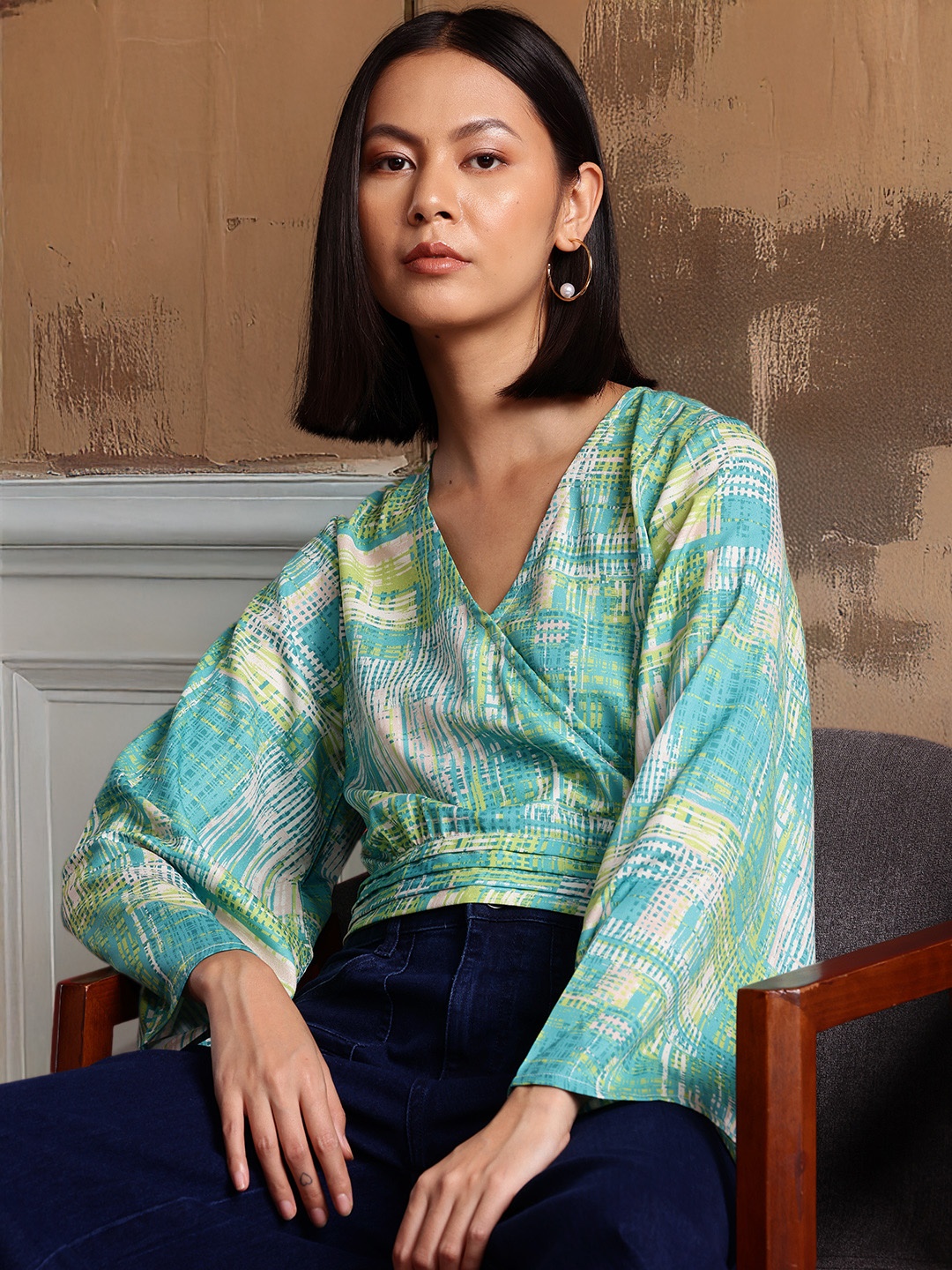 

all about you Geometric Print Flared Sleeve Wrap Crop Top, Green