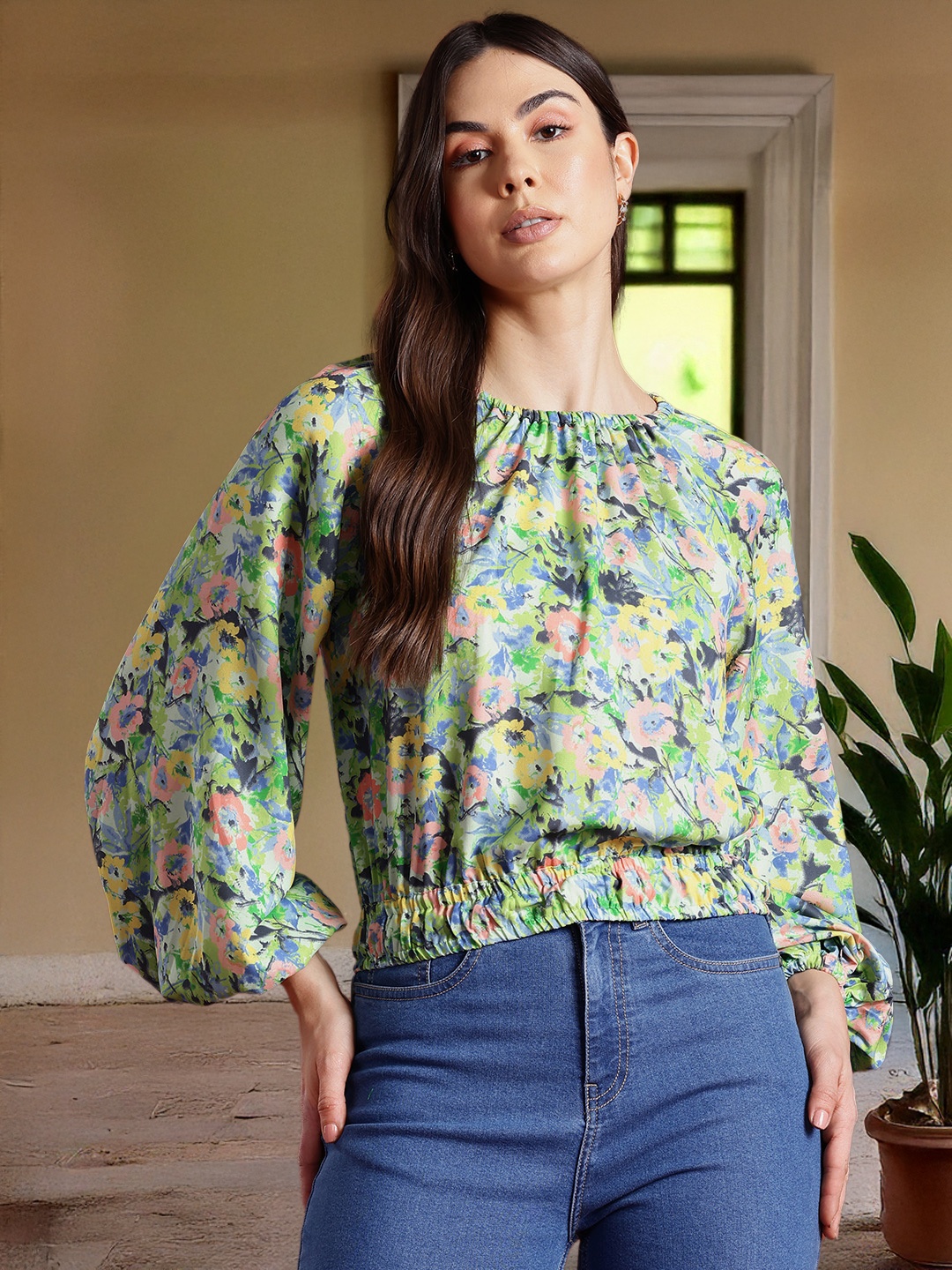 

all about you Floral Print Cinched Waist Raglan Puffed Sleeves Top, Green