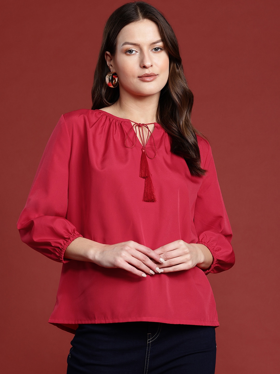 

all about you Tie-Up Neck Puff Sleeves Top, Red