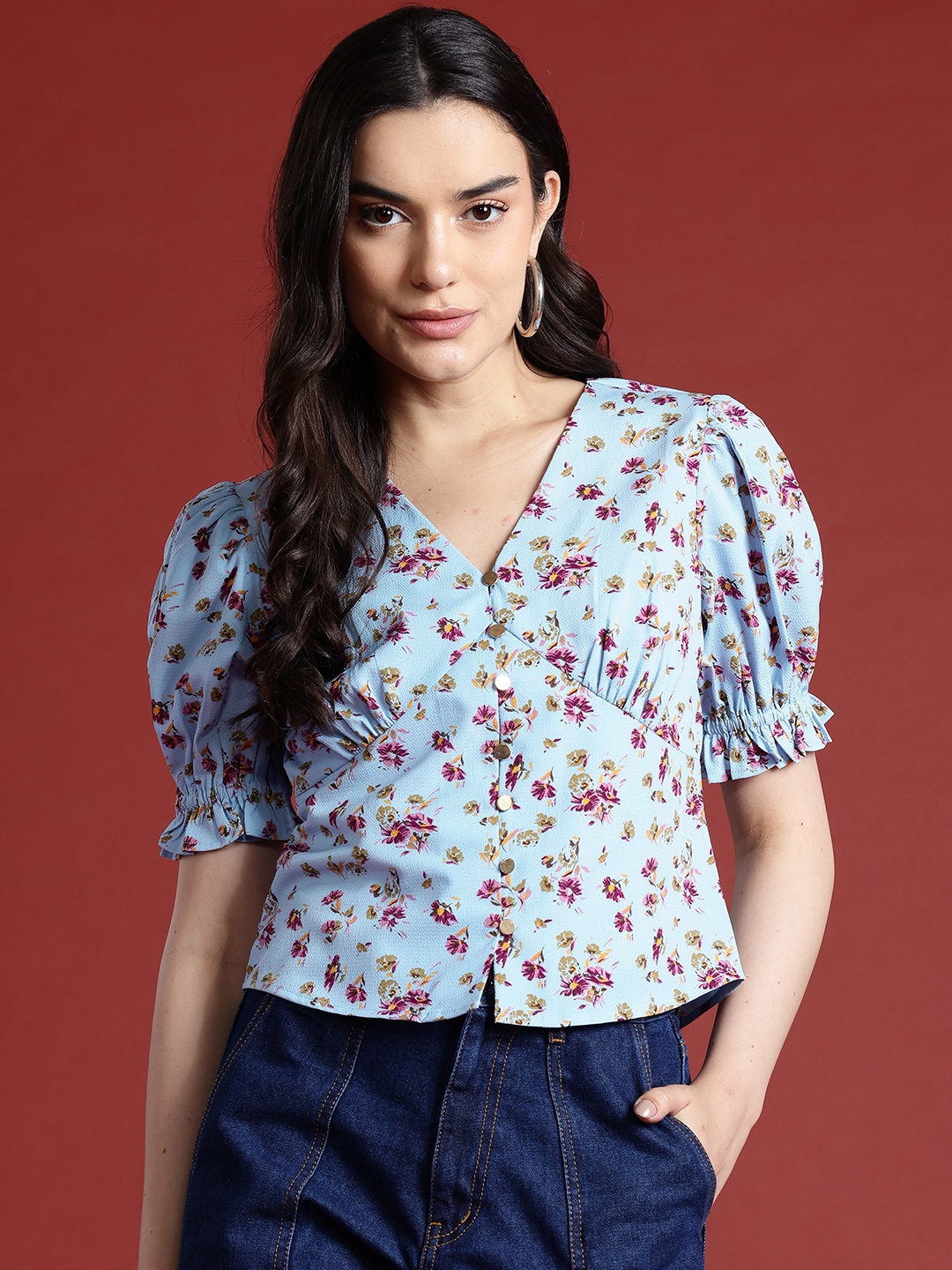 

all about you Floral Print Puff Sleeves Empire Top, Blue