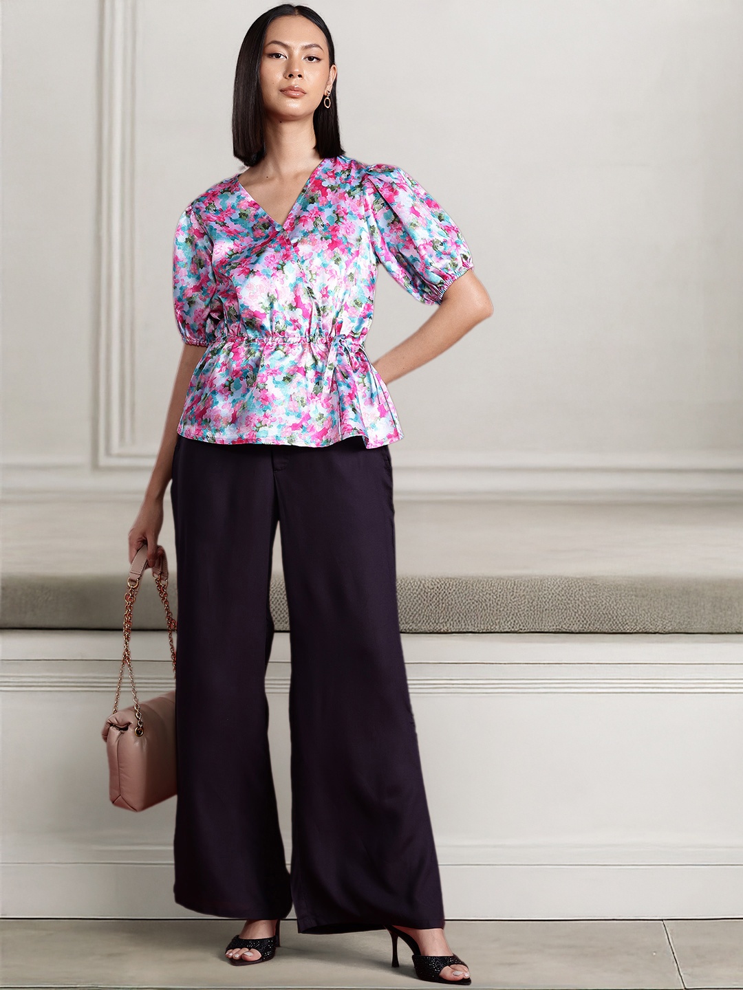 

all about you Floral Printed Puff Sleeves Wrap Top, White