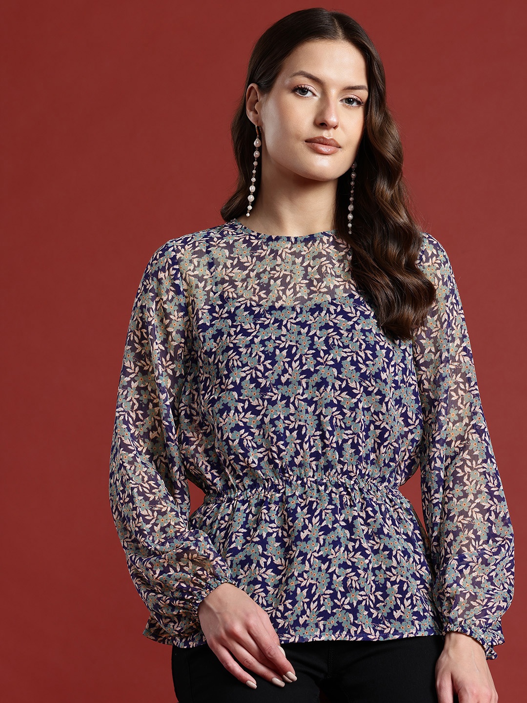 

all about you Floral Print Sheer Cinched Waist Top, Navy blue