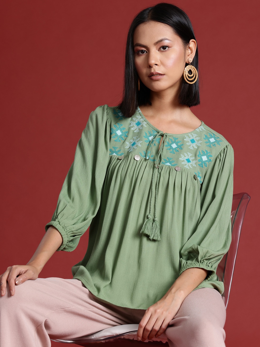 

all about you Embroidered Tie-Up Neck Top, Green