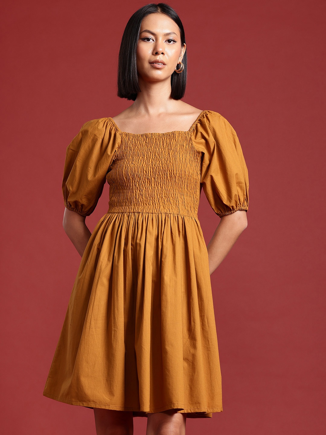 

all about you Puff Sleeves Smocked Pure Cotton Fit & Flare Dress, Mustard