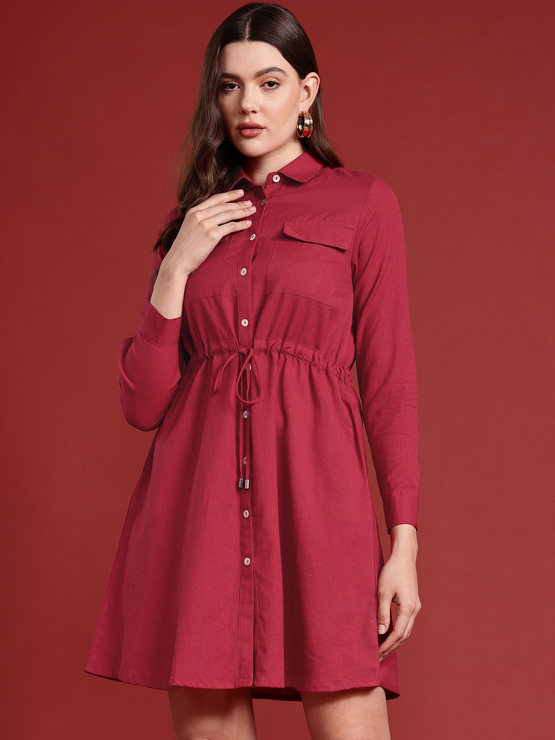 

all about you Cinched Waist Shirt Dress, Maroon