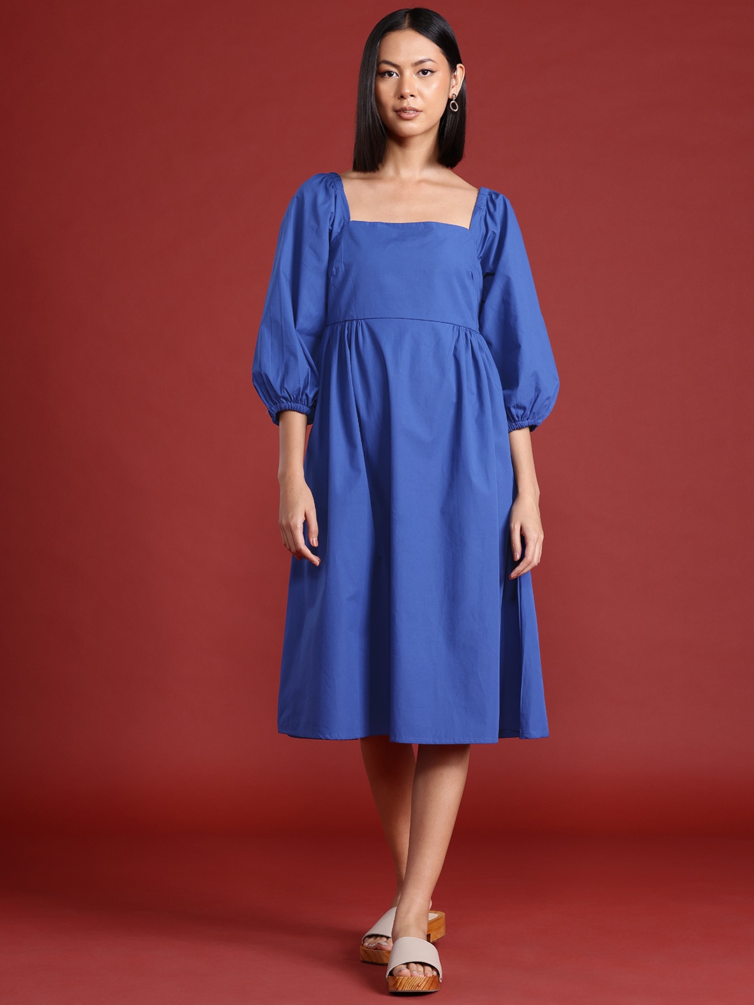 

all about you Puff Sleeves Fit & Flare Cotton Dress, Navy blue