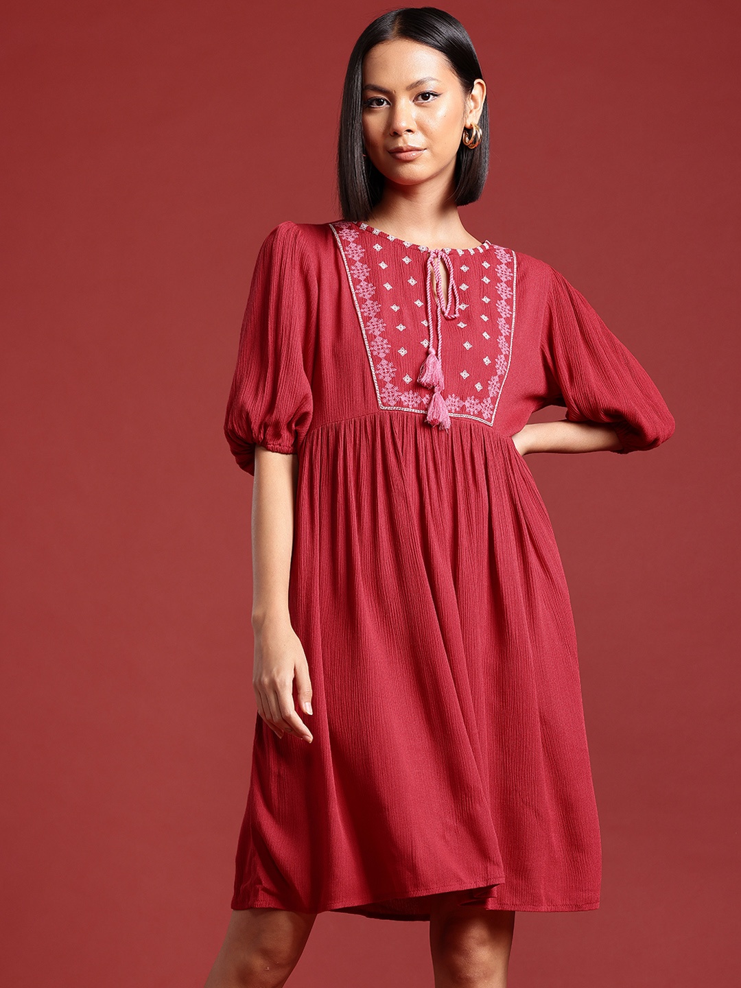 

all about you Ethnic Motifs Embroidered Tie-Up Neck Puff Sleeve A-Line Dress, Red