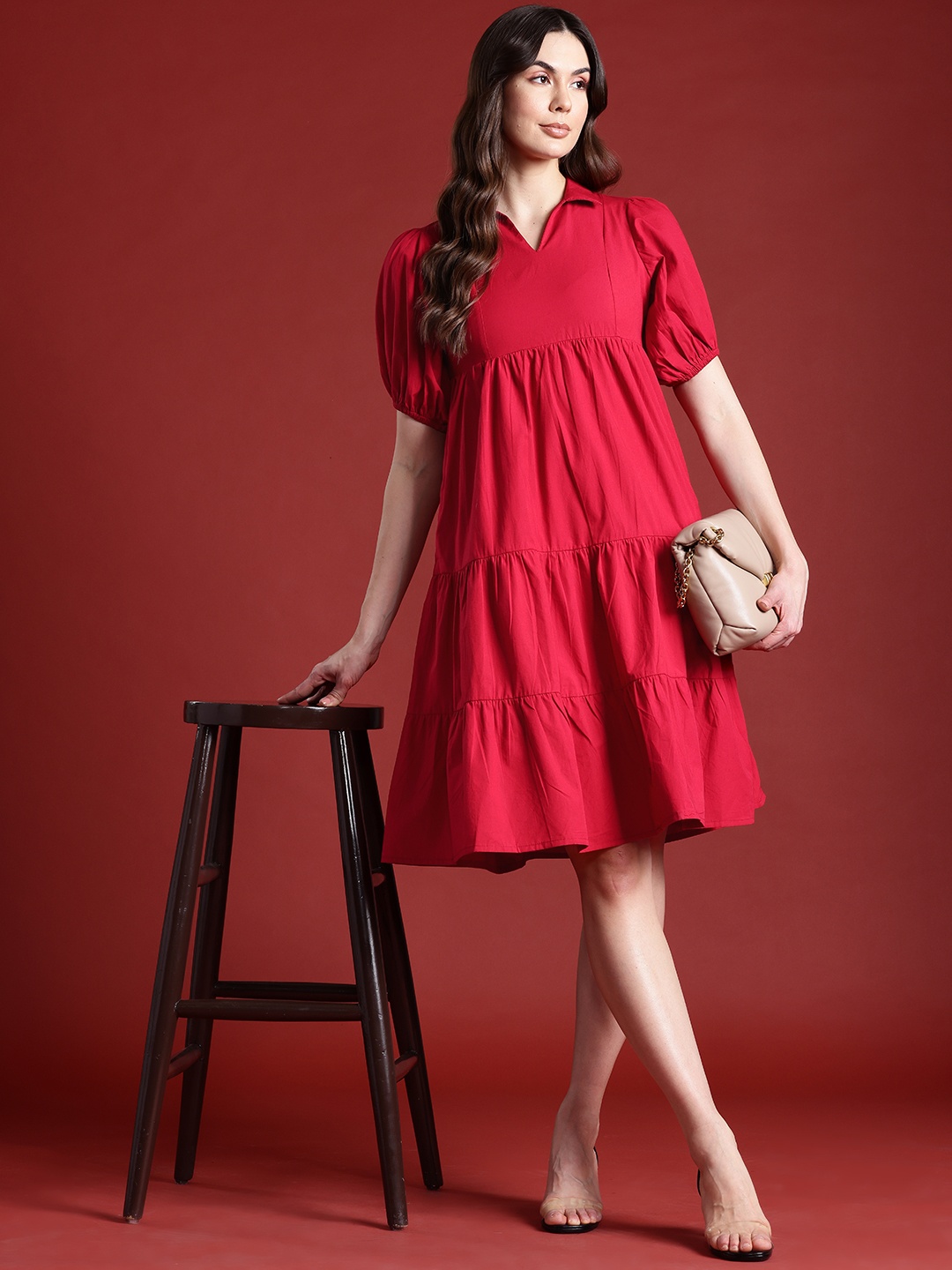 

all about you Cotton Puff Sleeves Tiered A-Line Dress, Maroon