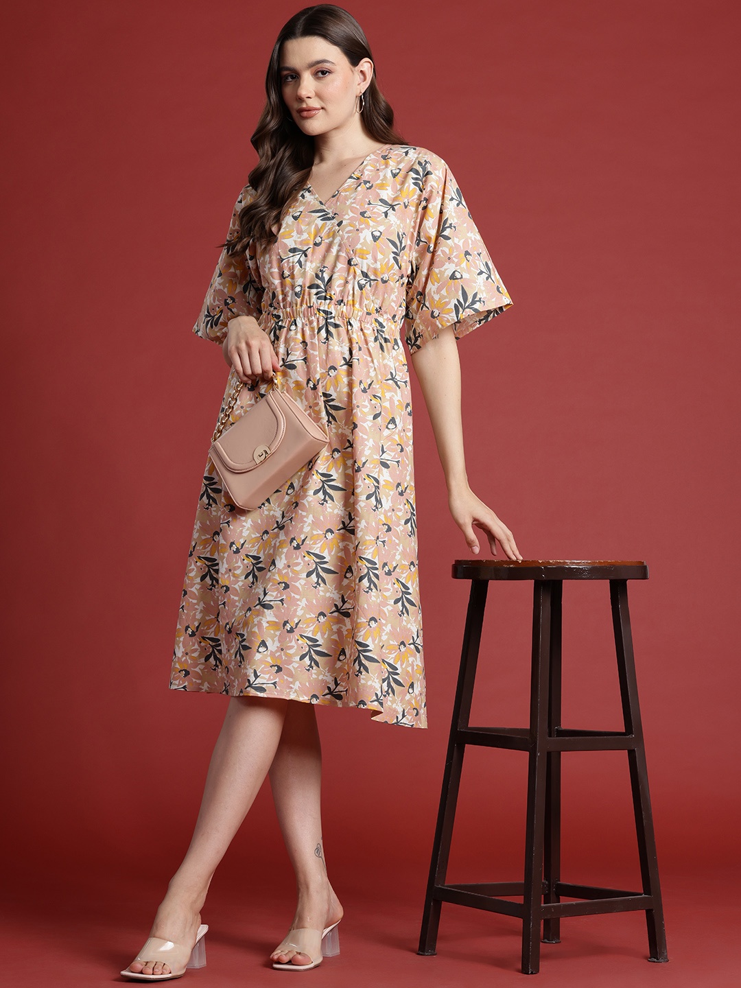 

all about you Pure Cotton Floral Print Flared Sleeves Wrap Dress, Beige