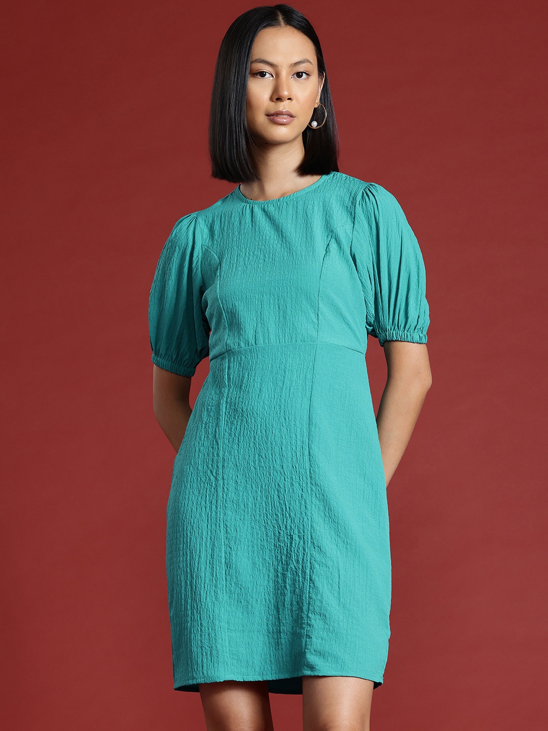 

all about you Crinkled Cut-Out Back Puff Sleeve A-Line Dress, Green