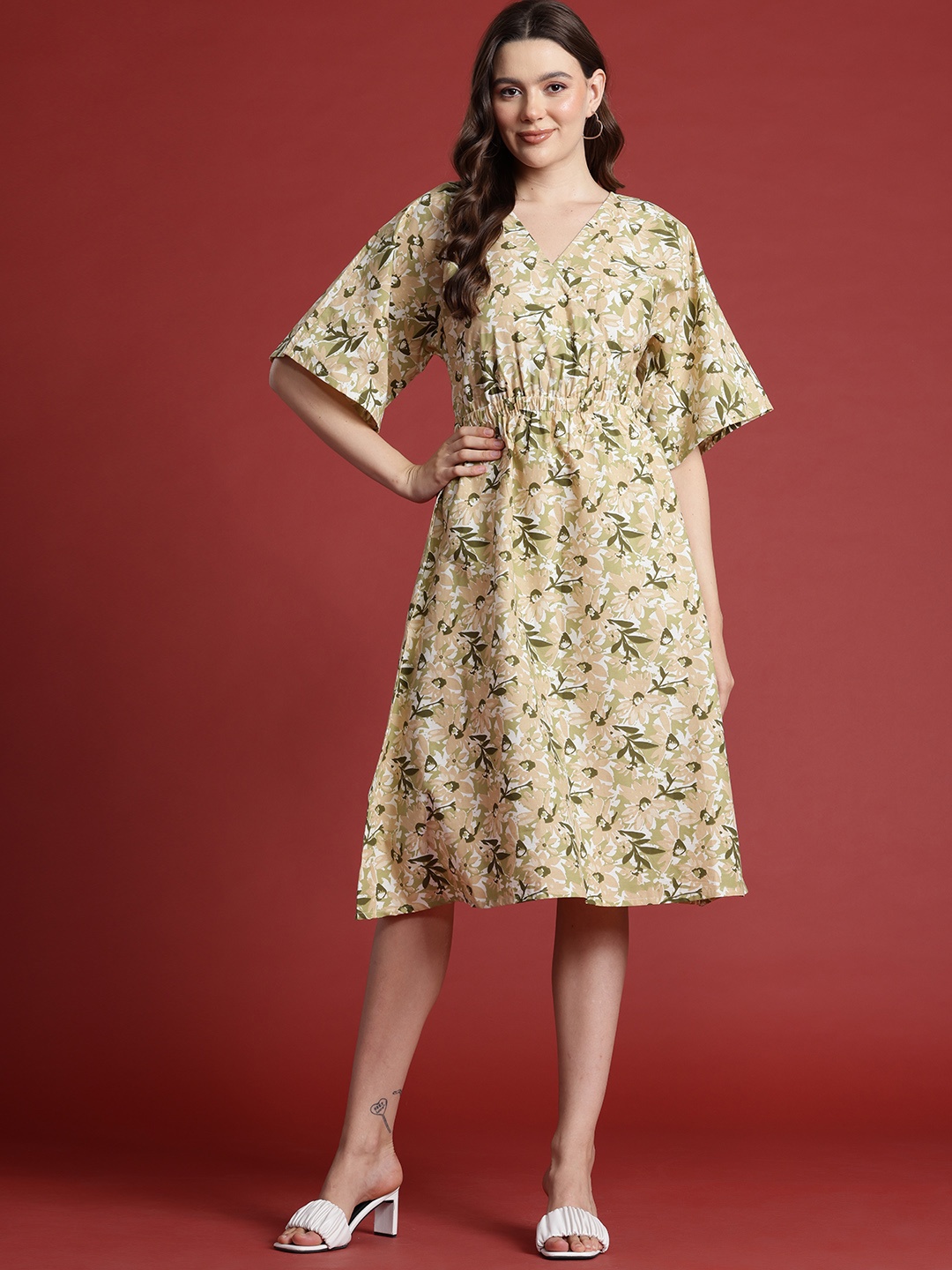 

all about you Pure Cotton Floral Print Flared Sleeves Wrap Dress, Beige