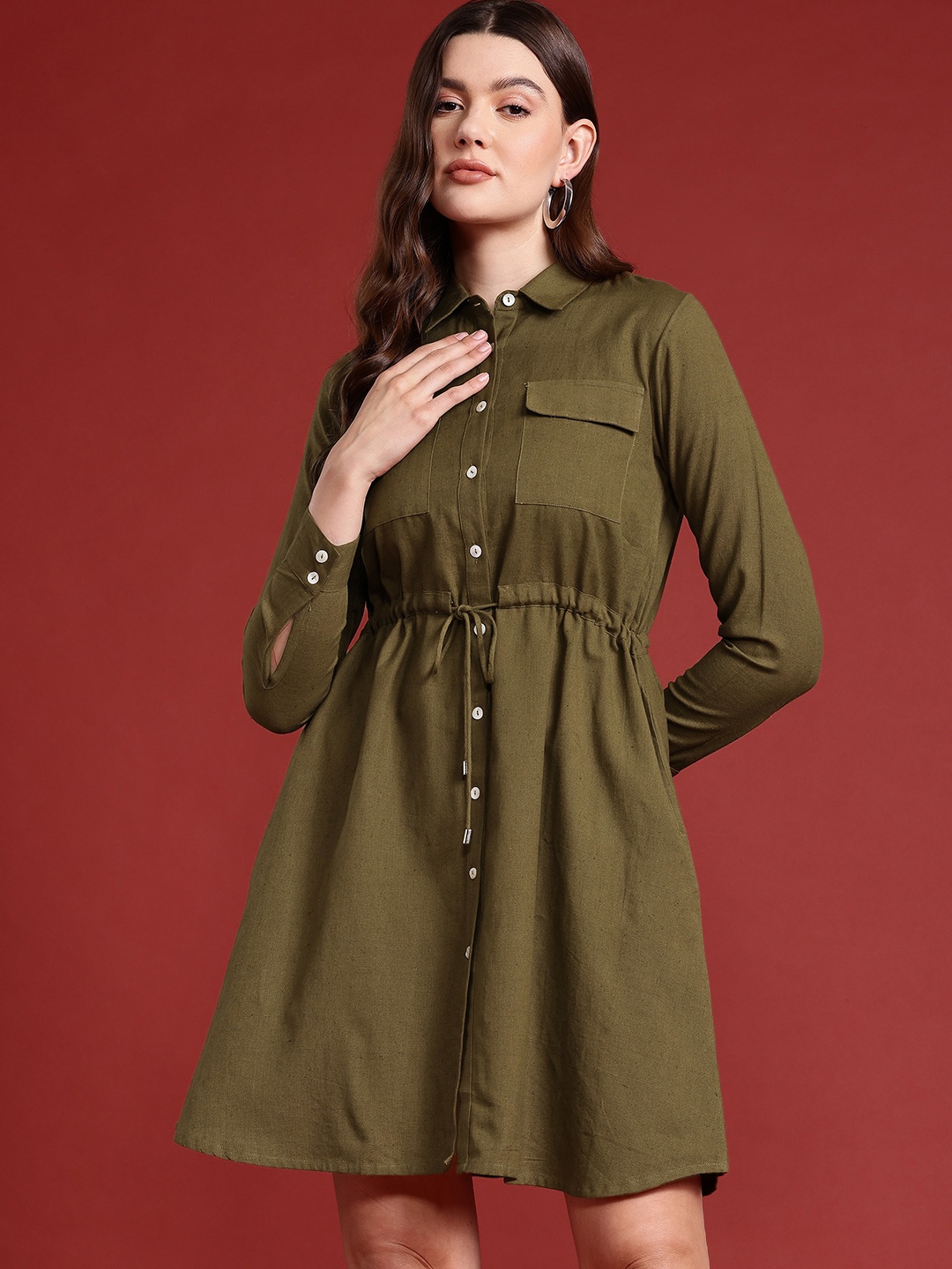 

all about you Cinched Waist Shirt Dress, Olive