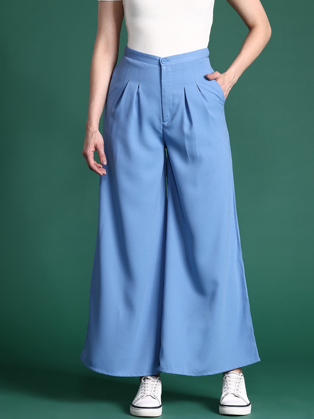 

DressBerry Bizwear Women Flared Pleated Trousers, Blue