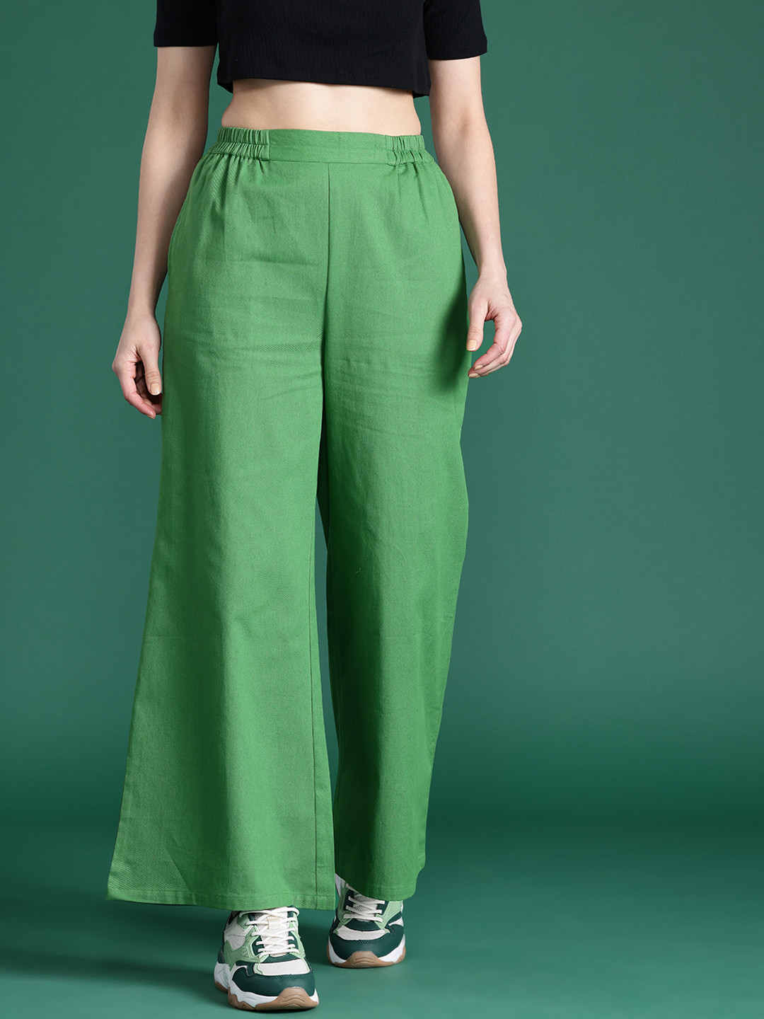 

DressBerry Women Cotton Flared Pleated Trousers, Green