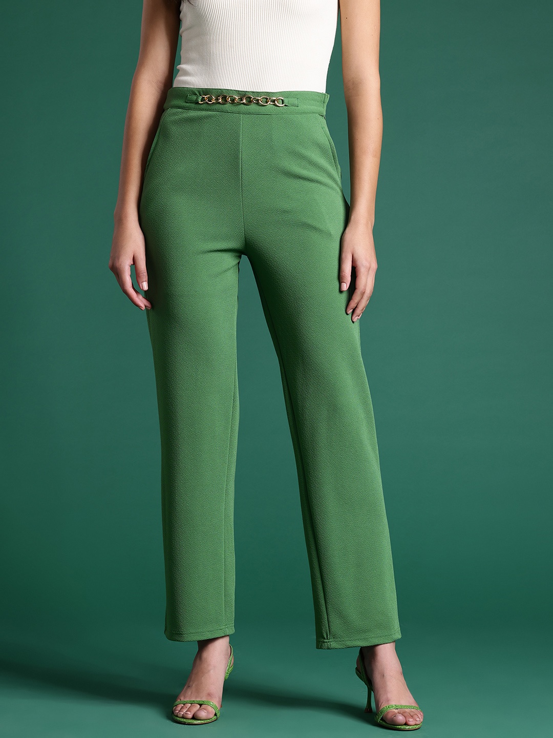 

DressBerry Bizwear Women Knitted Chain Detail Trousers, Green