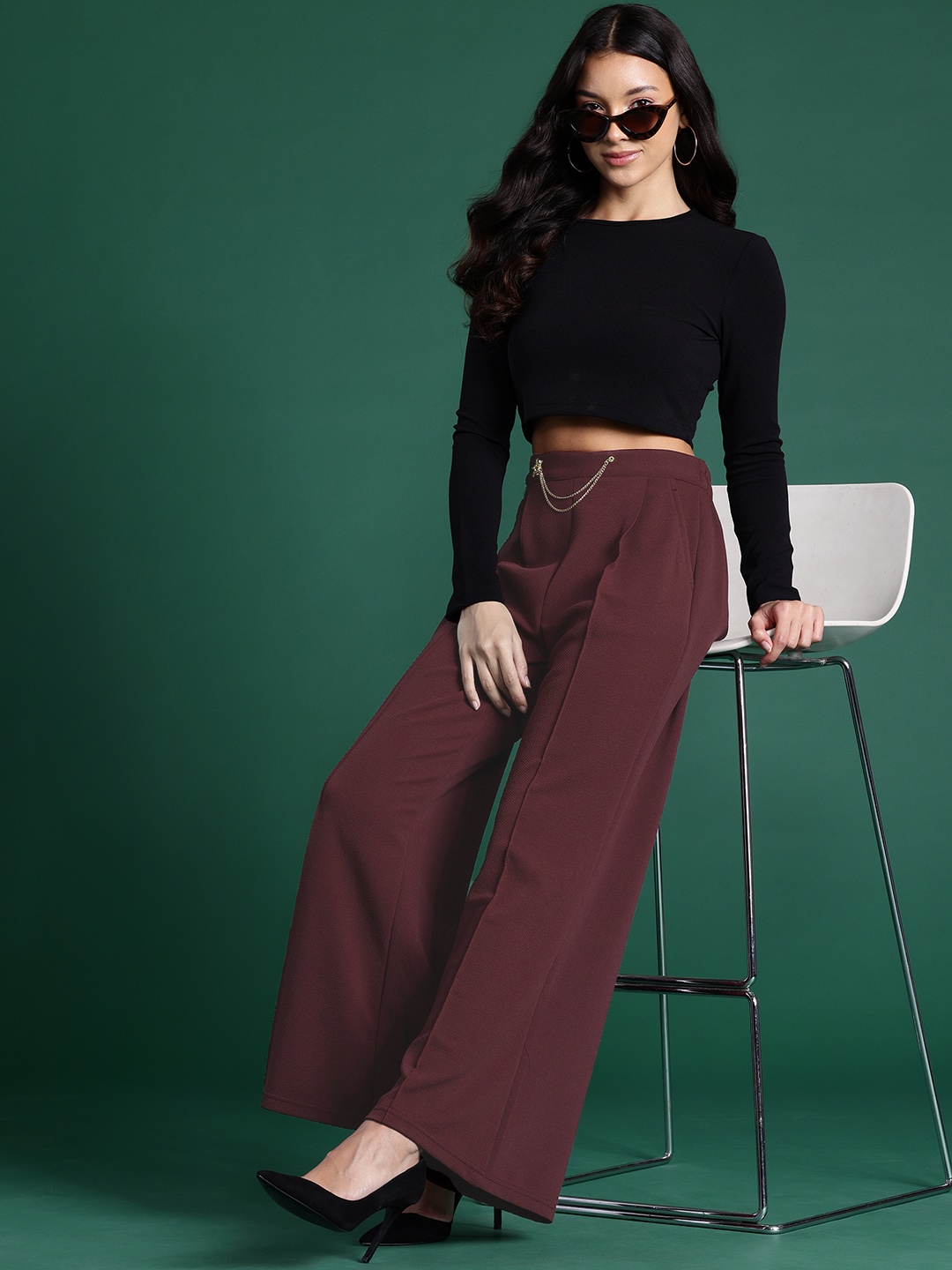 

DressBerry Women Pleated Wide Leg Trousers, Maroon