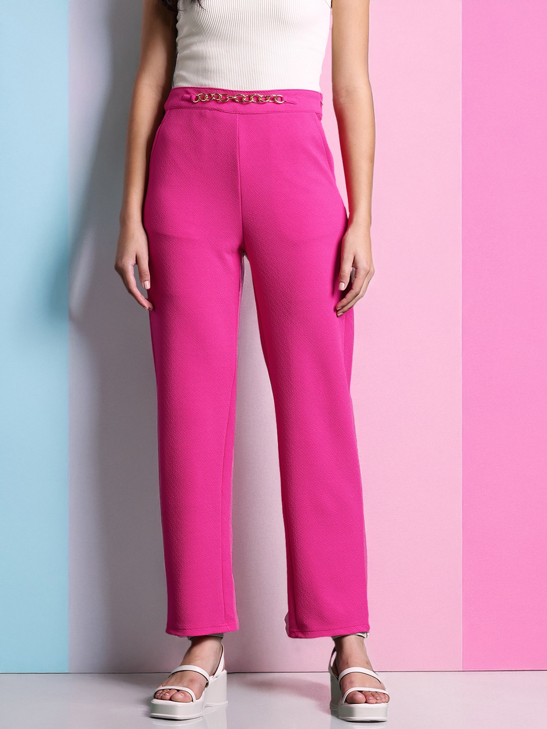 

DressBerry Glam Women Knitted Chain Detail Trousers, Fuchsia