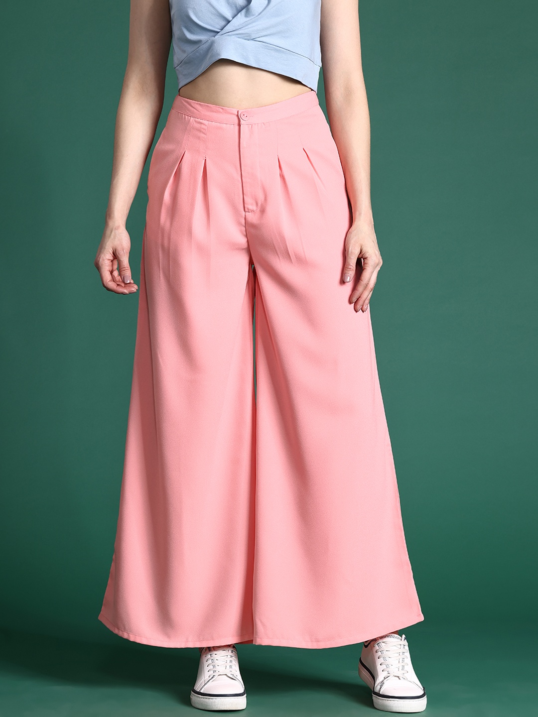 

DressBerry Women Flared Pleated Trousers, Pink