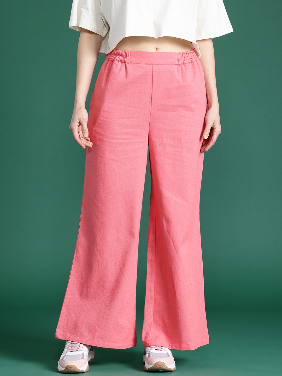 

DressBerry Women Cotton Flared Pleated Trousers, Pink