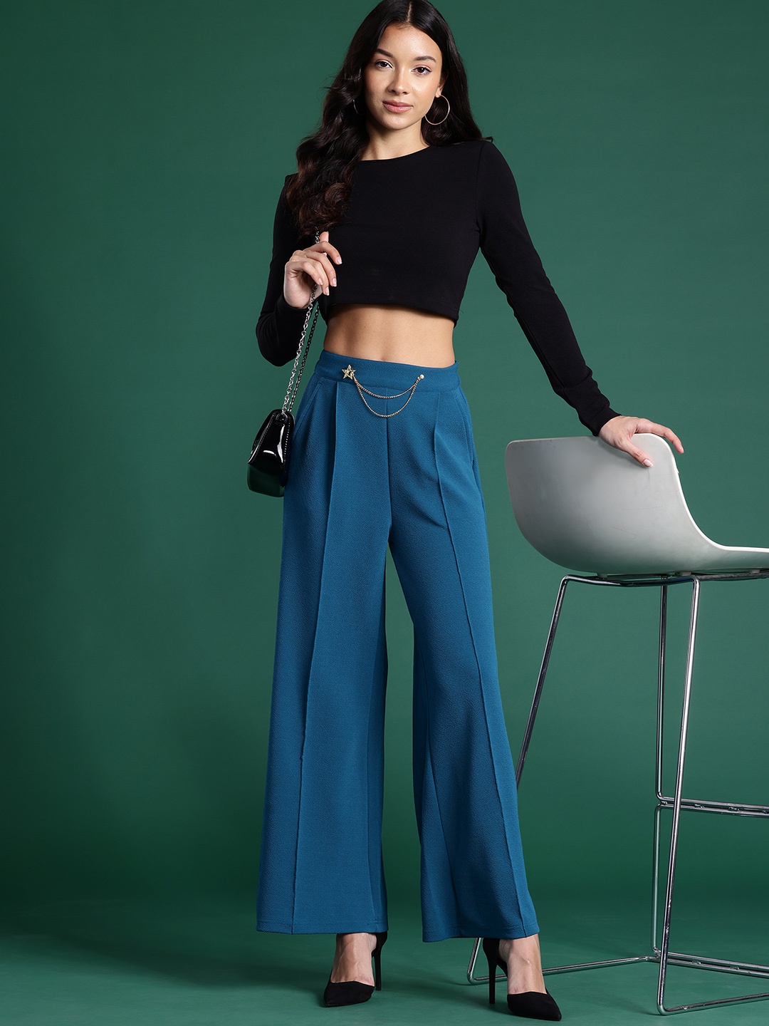 

DressBerry Bizwear Women Pleated Wide Leg Trousers, Teal