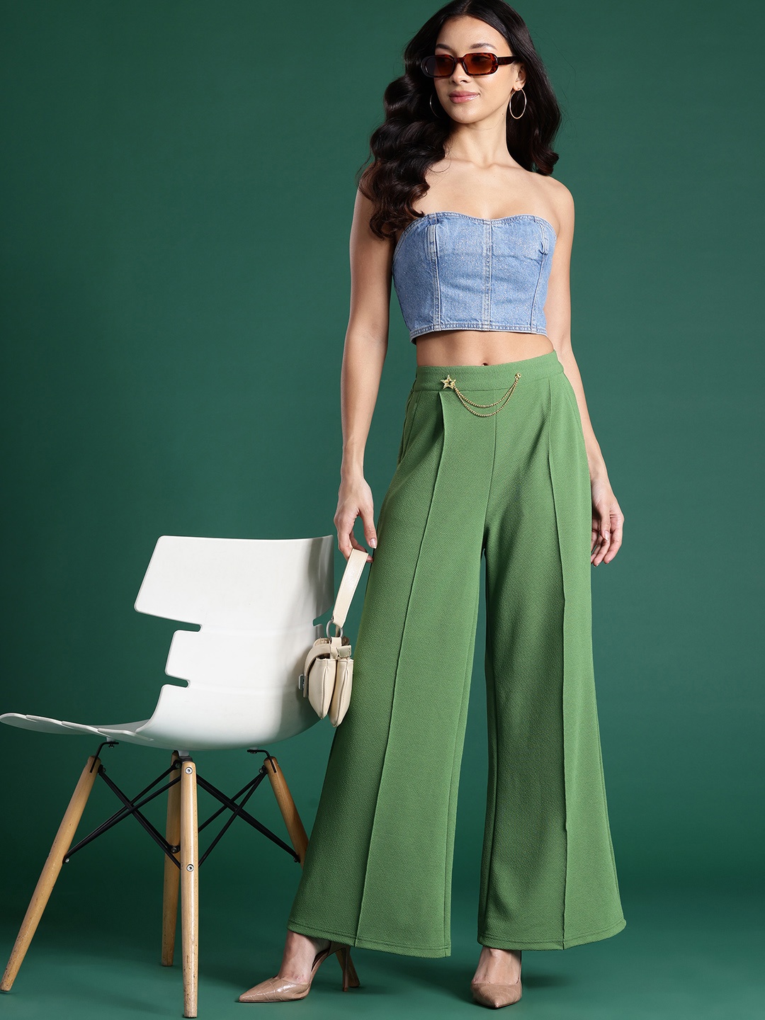 

DressBerry Women Pleated Wide Leg Trousers, Green