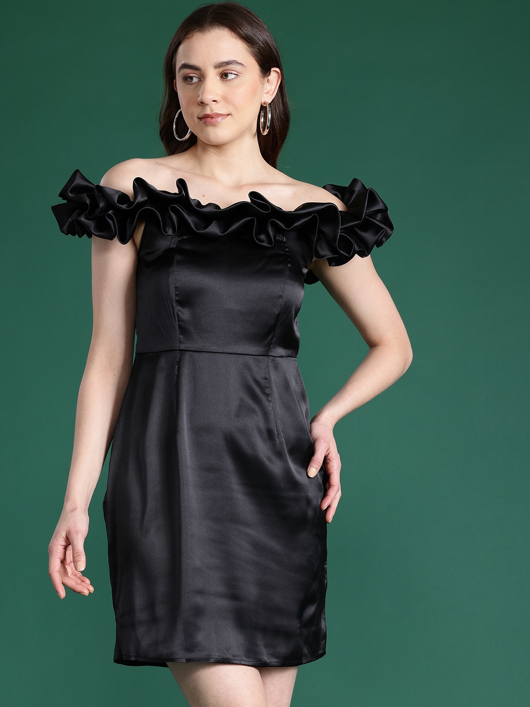 

DressBerry Glam Off-Shoulder Ruffled Satin Finish Dress, Black