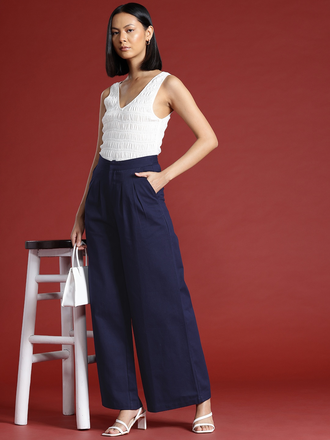 

all about you Women Cotton High-Rise Pleated Wide Leg Trousers, Navy blue