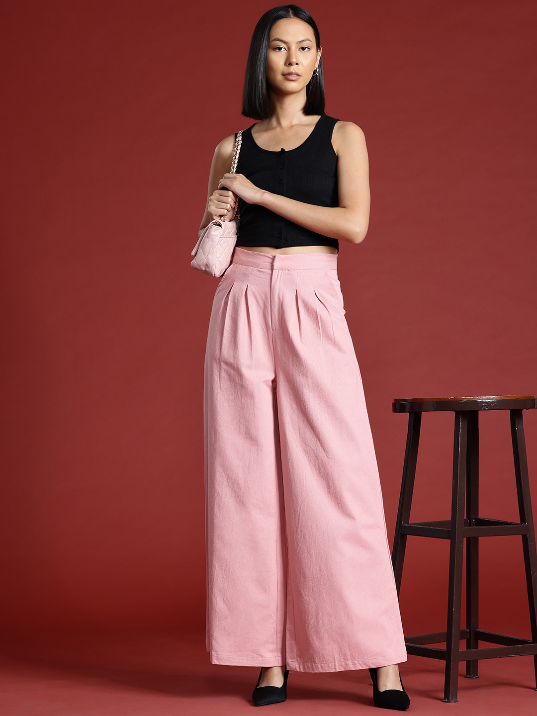 

all about you Women Cotton High-Rise Pleated Wide Leg Trousers, Pink
