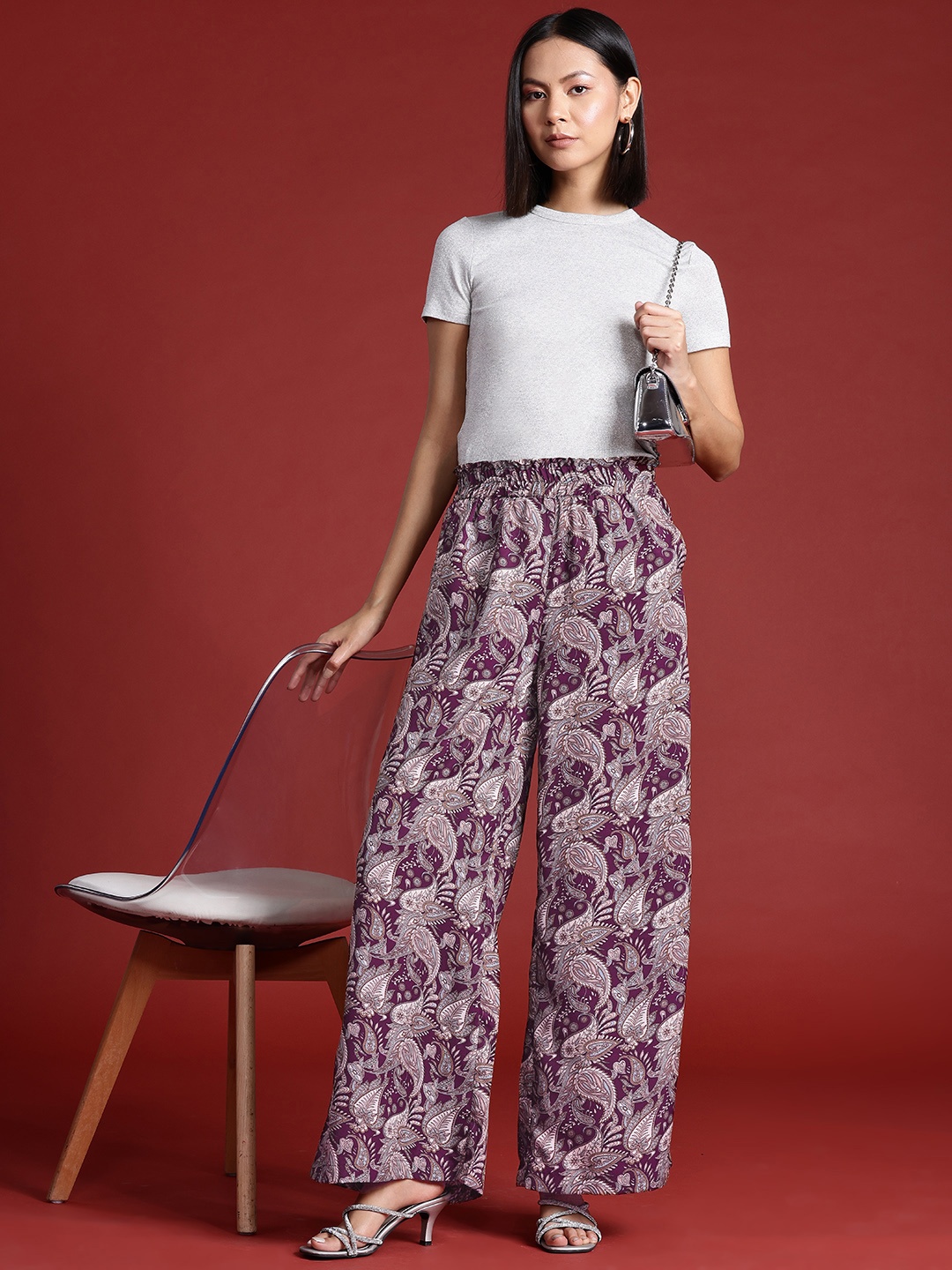 

all about you Women Paisley Printed Flared Trousers, Burgundy