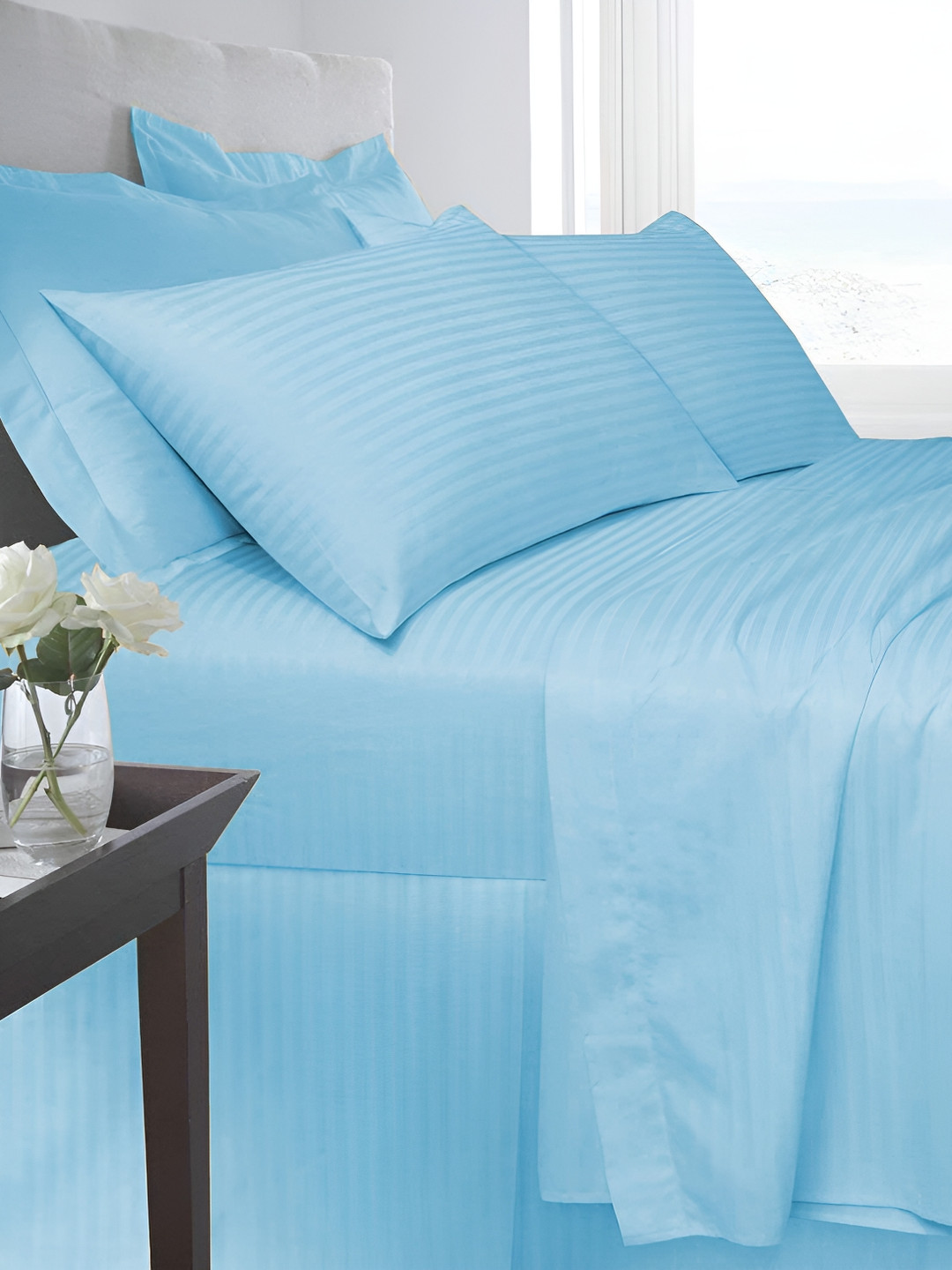 

LINENOVATION Turquoise Blue Striped Cotton 220 TC Single Bedsheet with 1 Pillow Covers