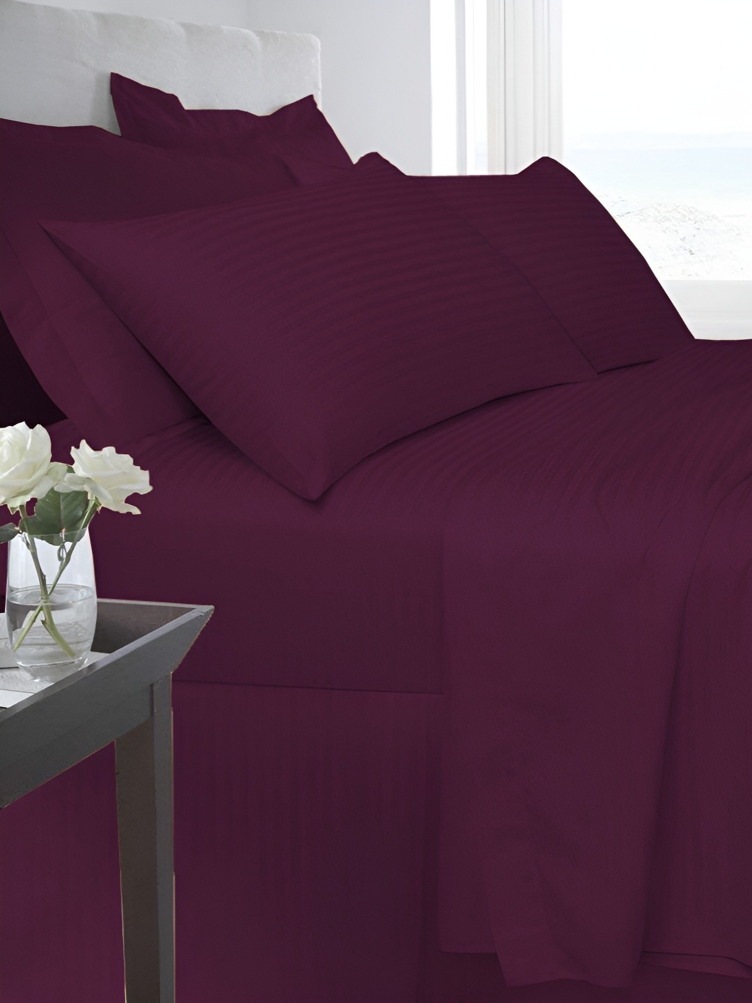 

LINENOVATION Magenta Striped Cotton 220 TC Queen Bedsheet with 2 Pillow Covers