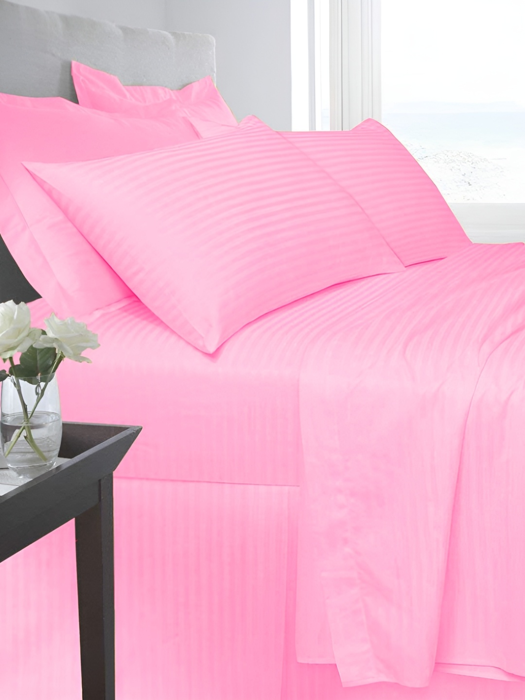 

LINENOVATION Pink Striped Cotton 220 TC Queen Bedsheet with 2 Pillow Covers
