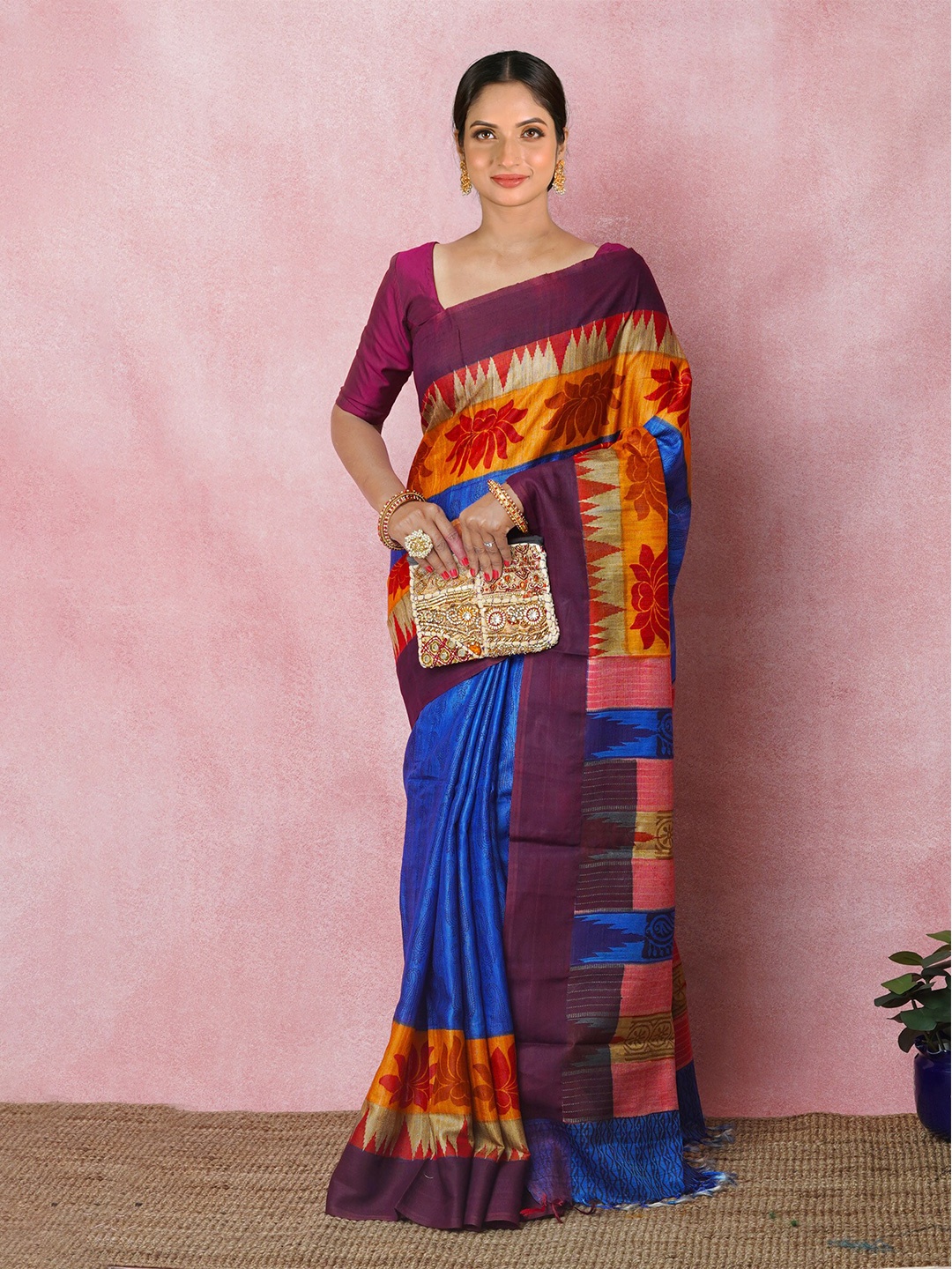 

Unnati Silks Floral Printed Pure Silk Handloom Tussar Saree, Blue