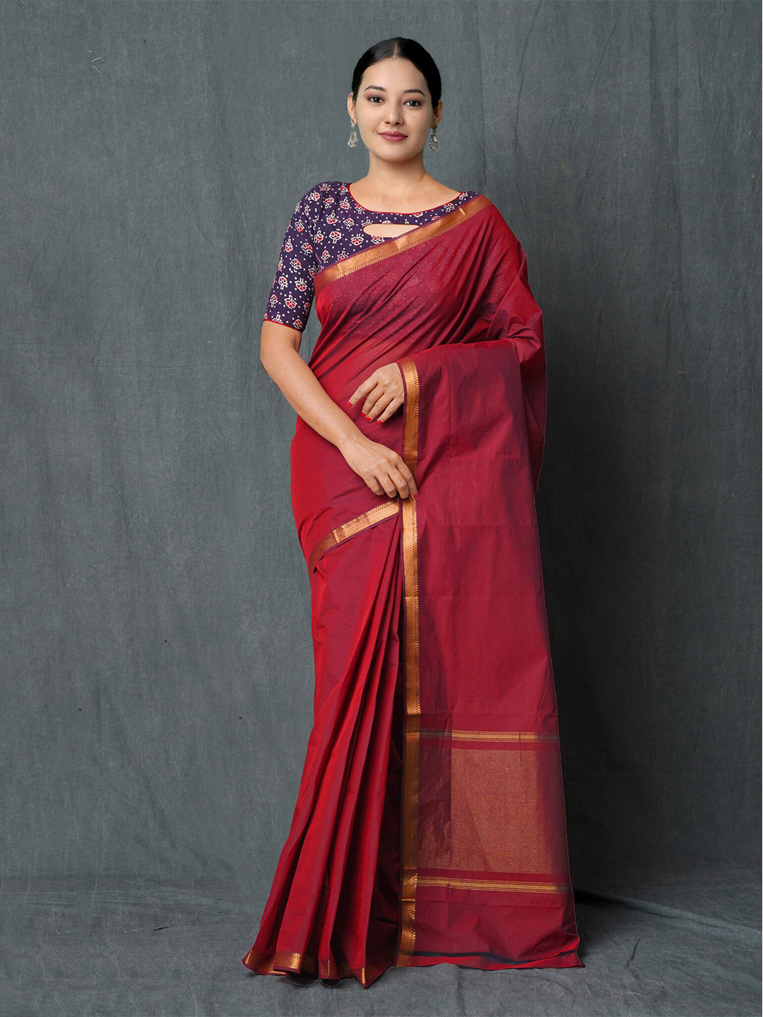 

Unnati Silks Pure Cotton Zari Handloom Mangalagiri Saree, Maroon